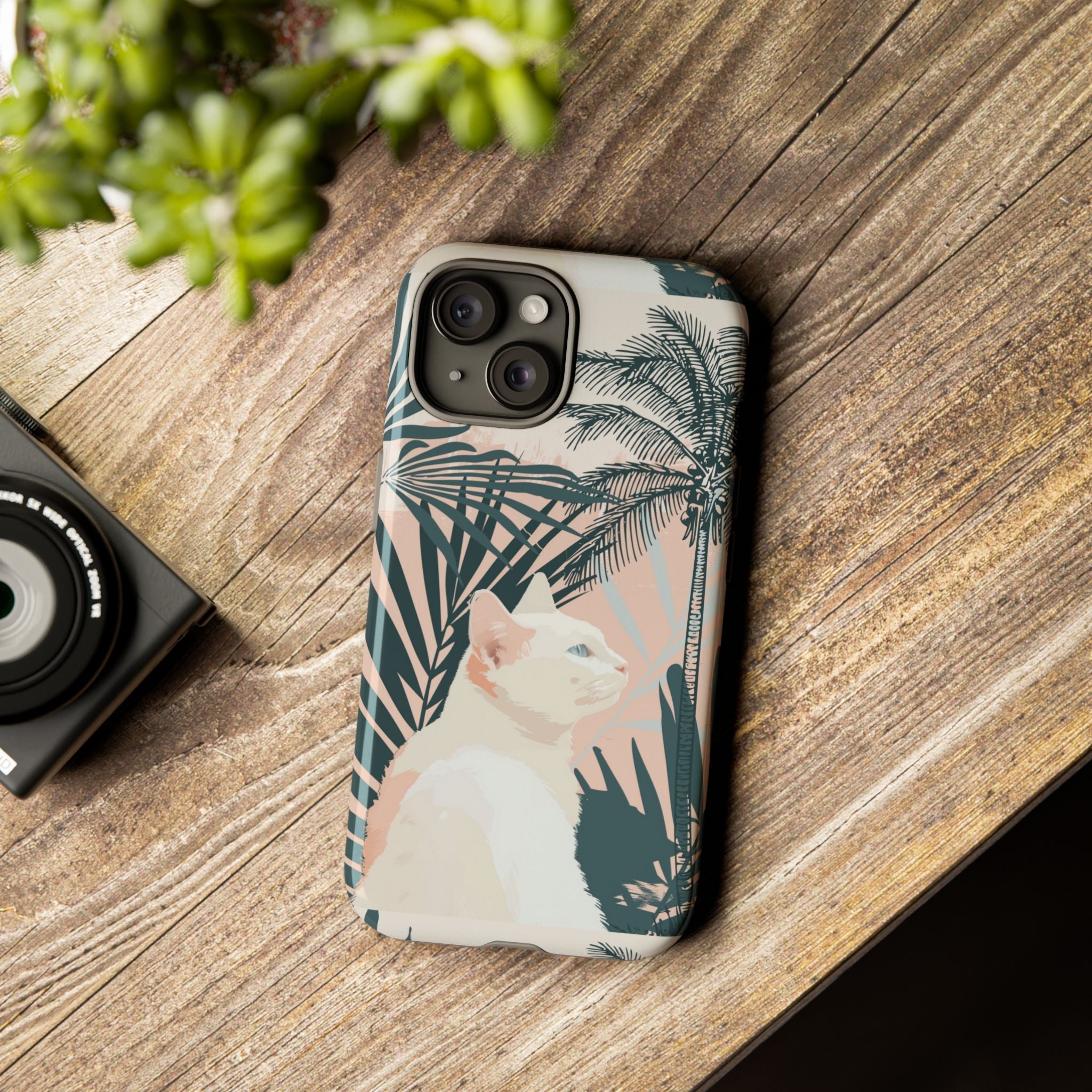 Tropical Cat Phone Case with Lush Palm Motifs and Soft Pastels