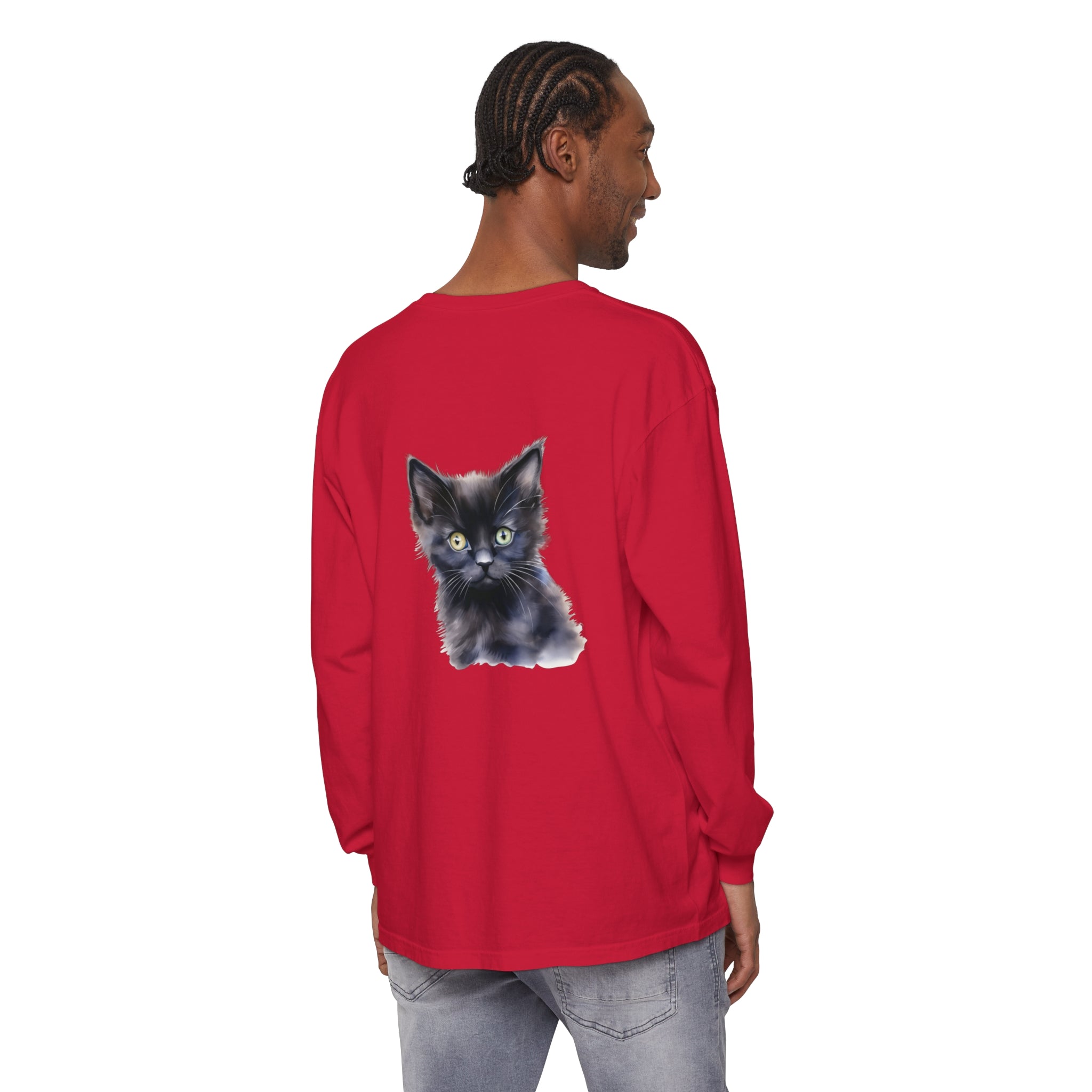 Mystical Kitten Unisex Long Sleeve T-Shirt in Black with Intricate Cat Design