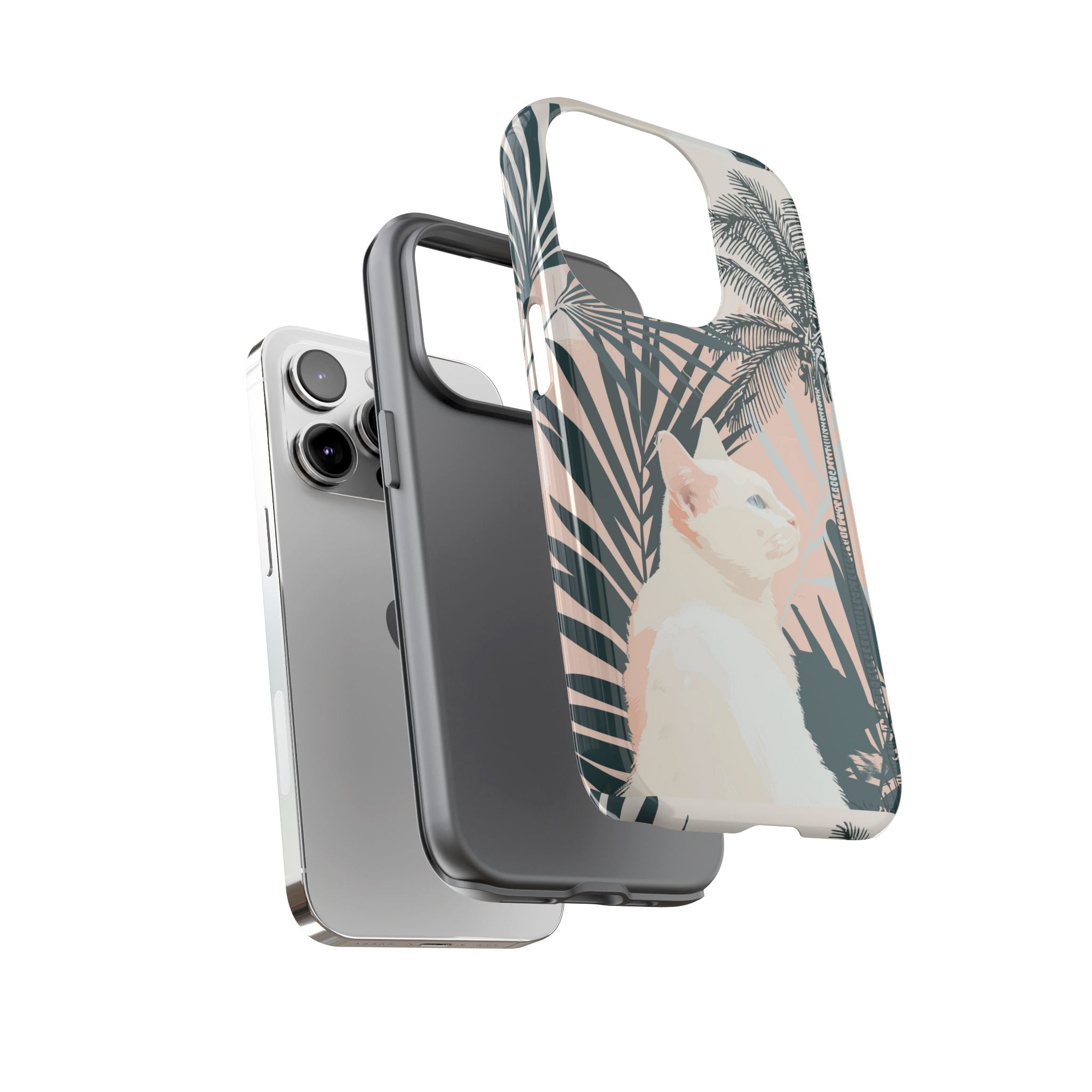 Tropical Cat Phone Case with Lush Palm Motifs and Soft Pastels