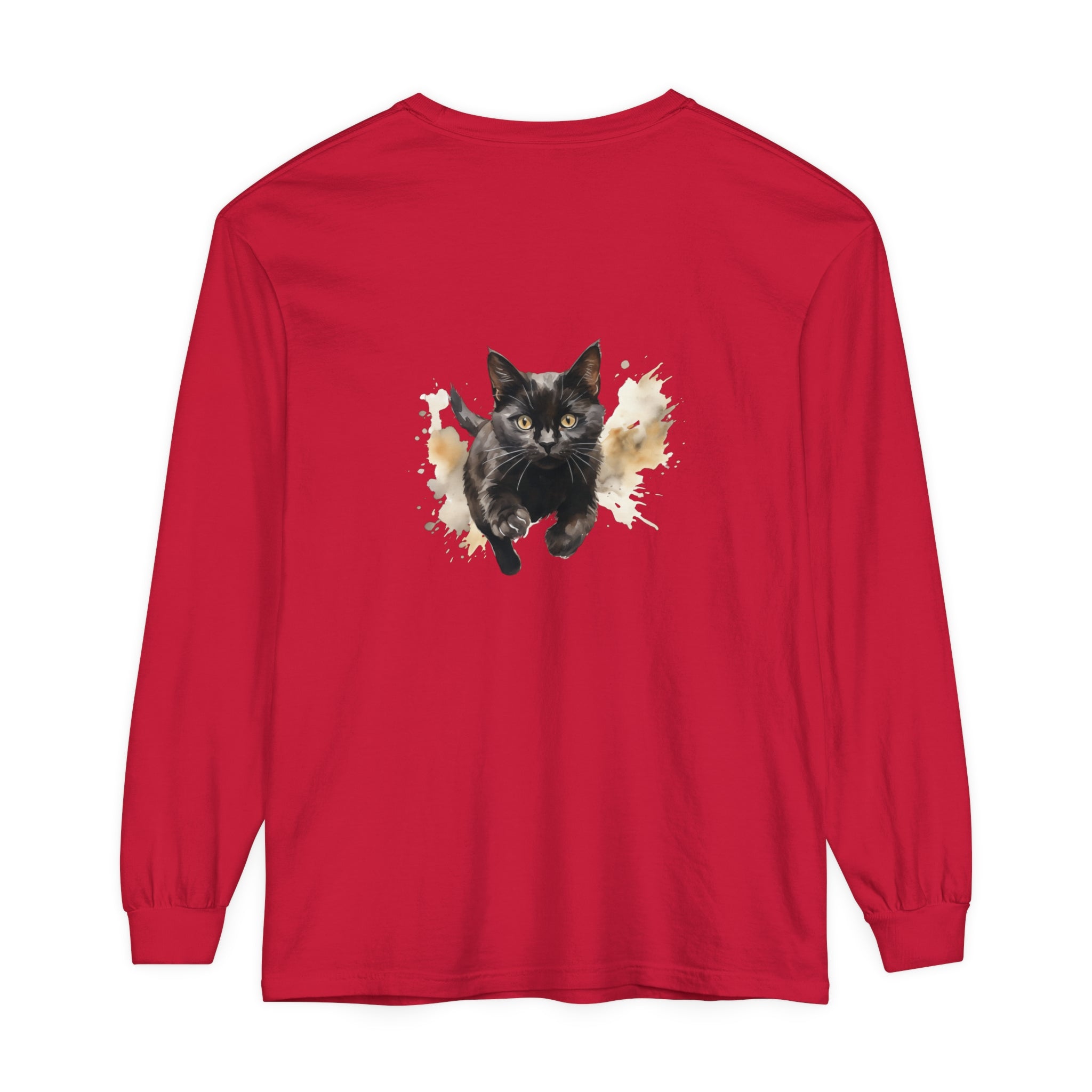 Black Cat Watercolor Sprint Unisex T-Shirt featuring a vibrant watercolor print of a black cat running, perfect for animal lovers and art enthusiasts