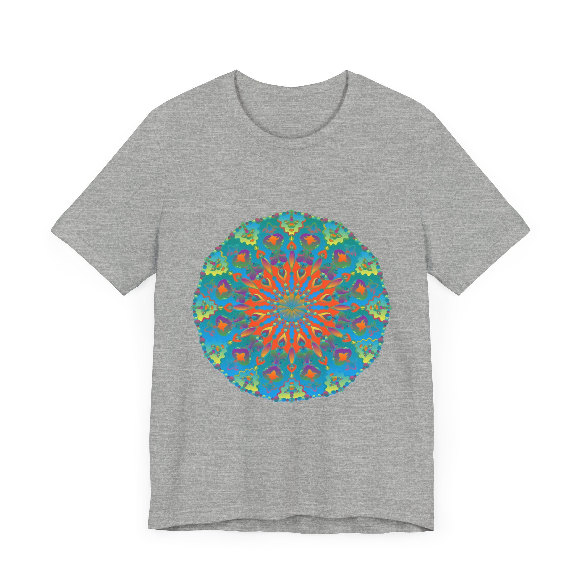 Vibrant and intricate rainbow mandala tee showcasing colorful, detailed design