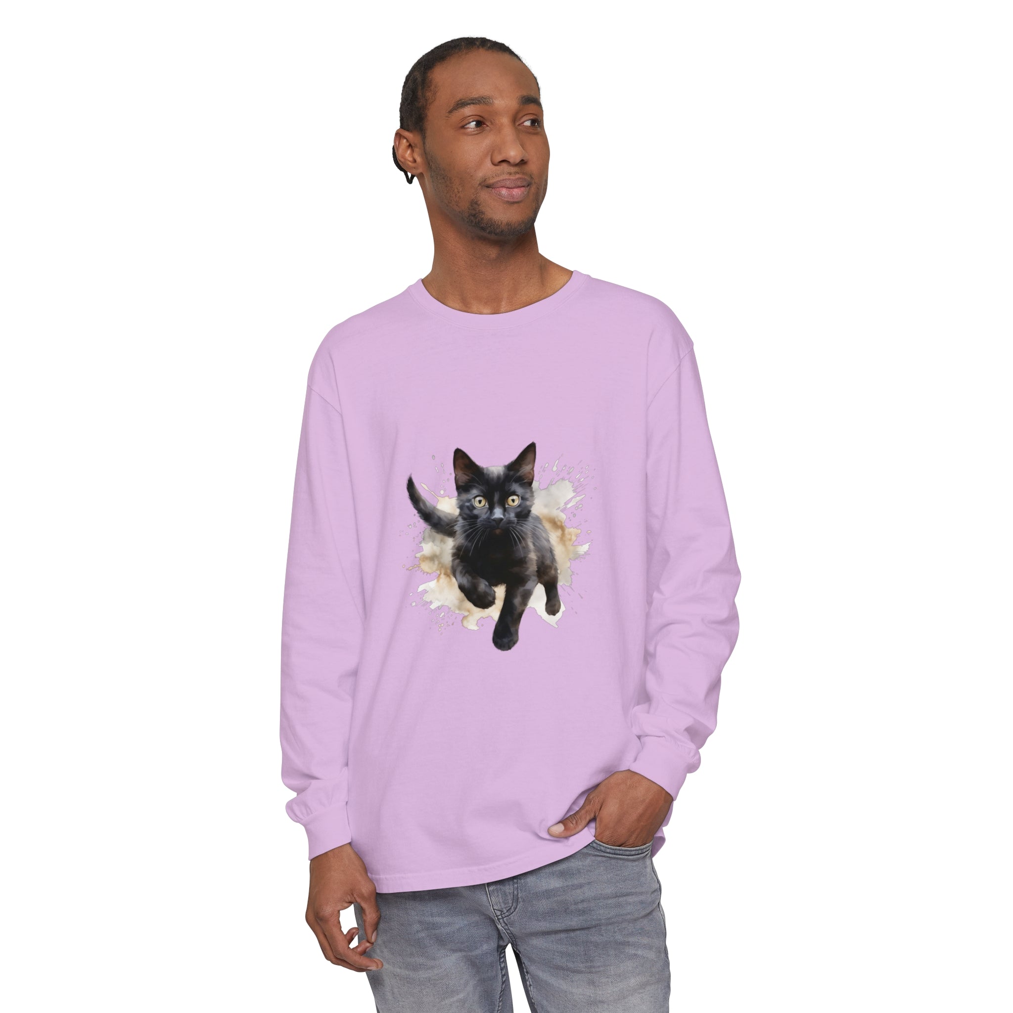 Black Cat Watercolor Splash T-Shirt in various sizes and unisex fit for all body types