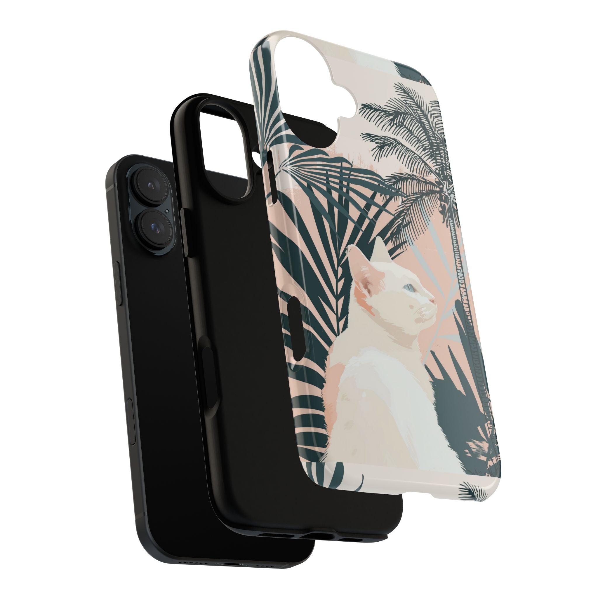 Tropical Cat Phone Case with Lush Palm Motifs and Soft Pastels