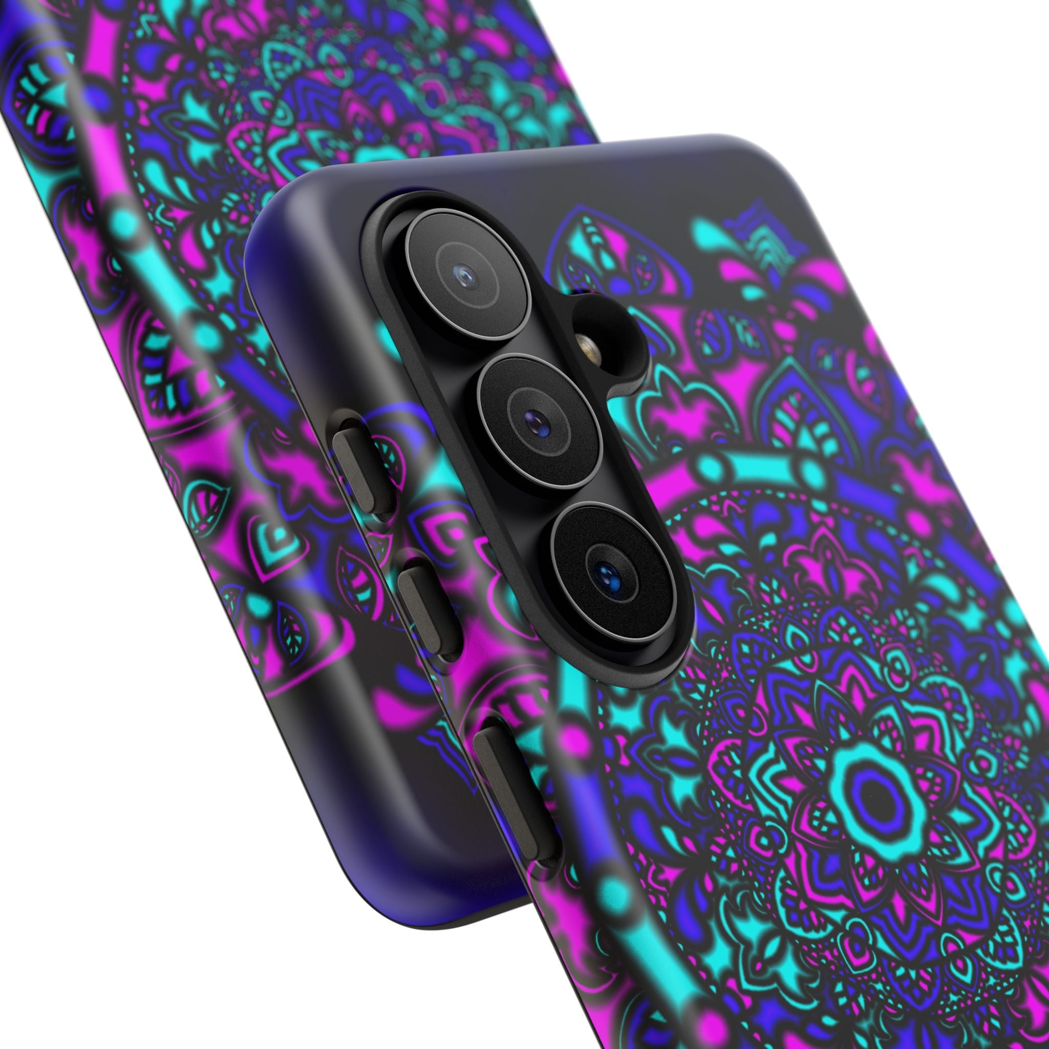 Cover protettiva resistente per telefono Mandala Neon — Viola e Verde acqua