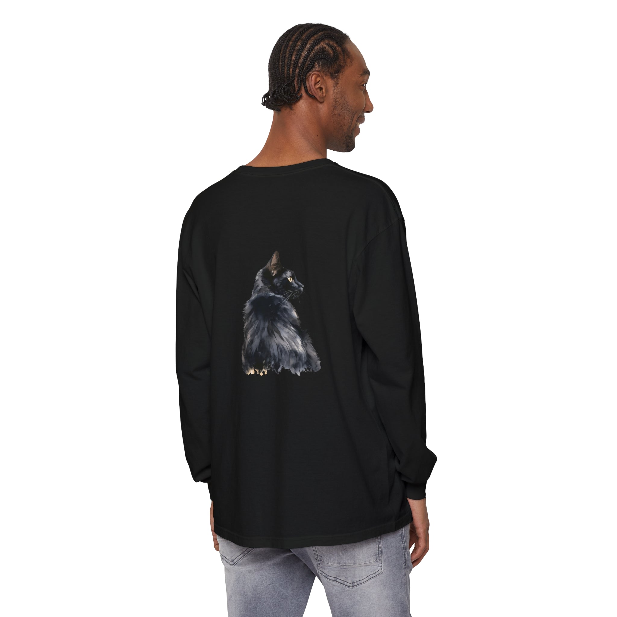 A vibrant watercolor painting of a black cat on a long sleeve t-shirt