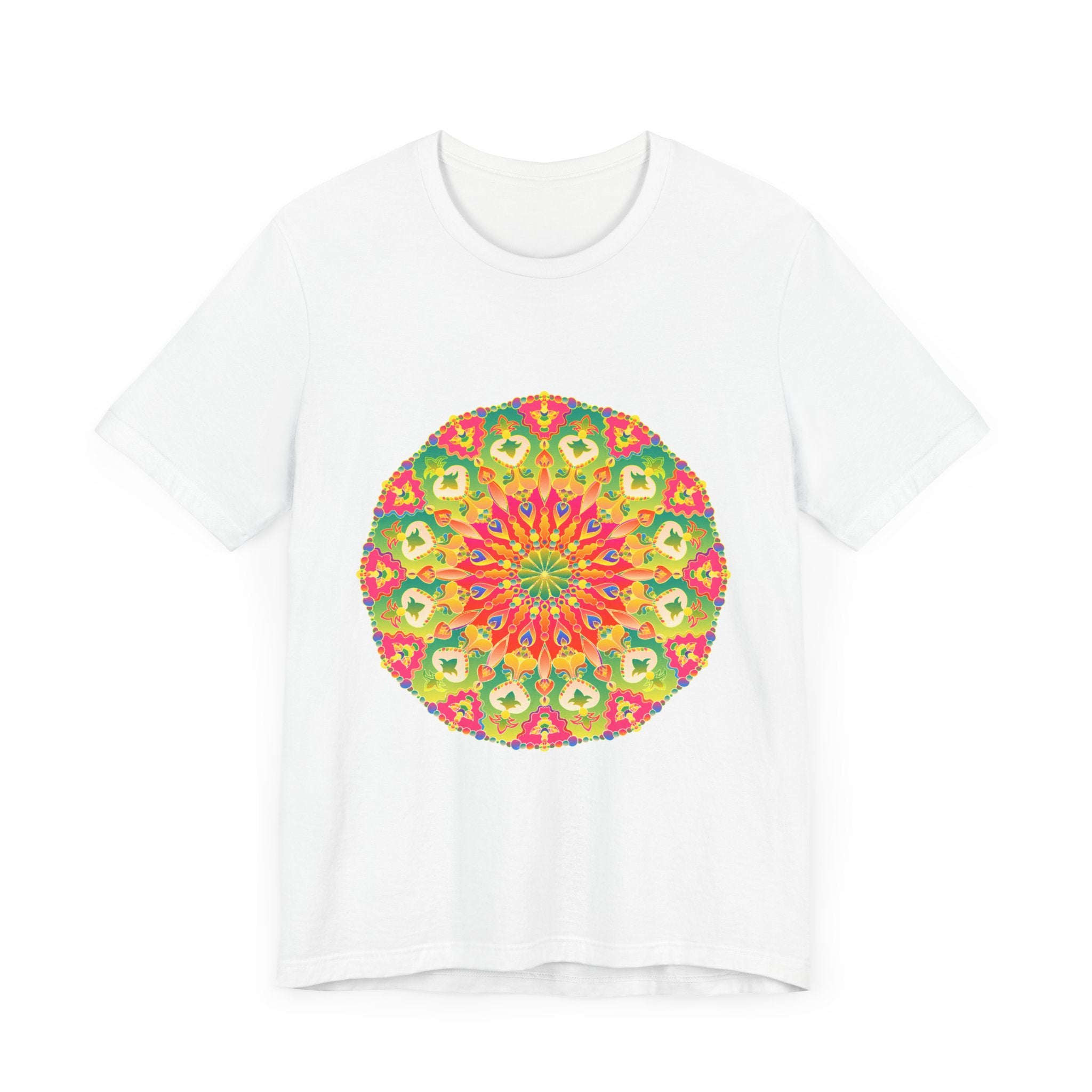 Close-up of the detailed and colorful mandala pattern on the tee