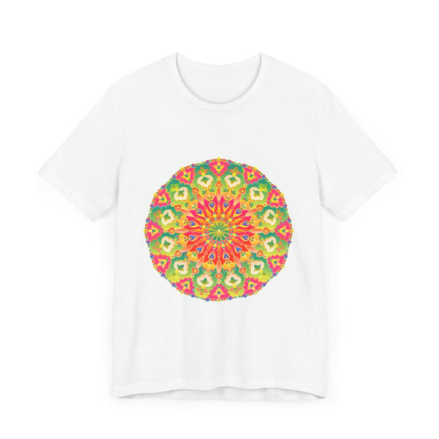 Close-up of the detailed and colorful mandala pattern on the tee