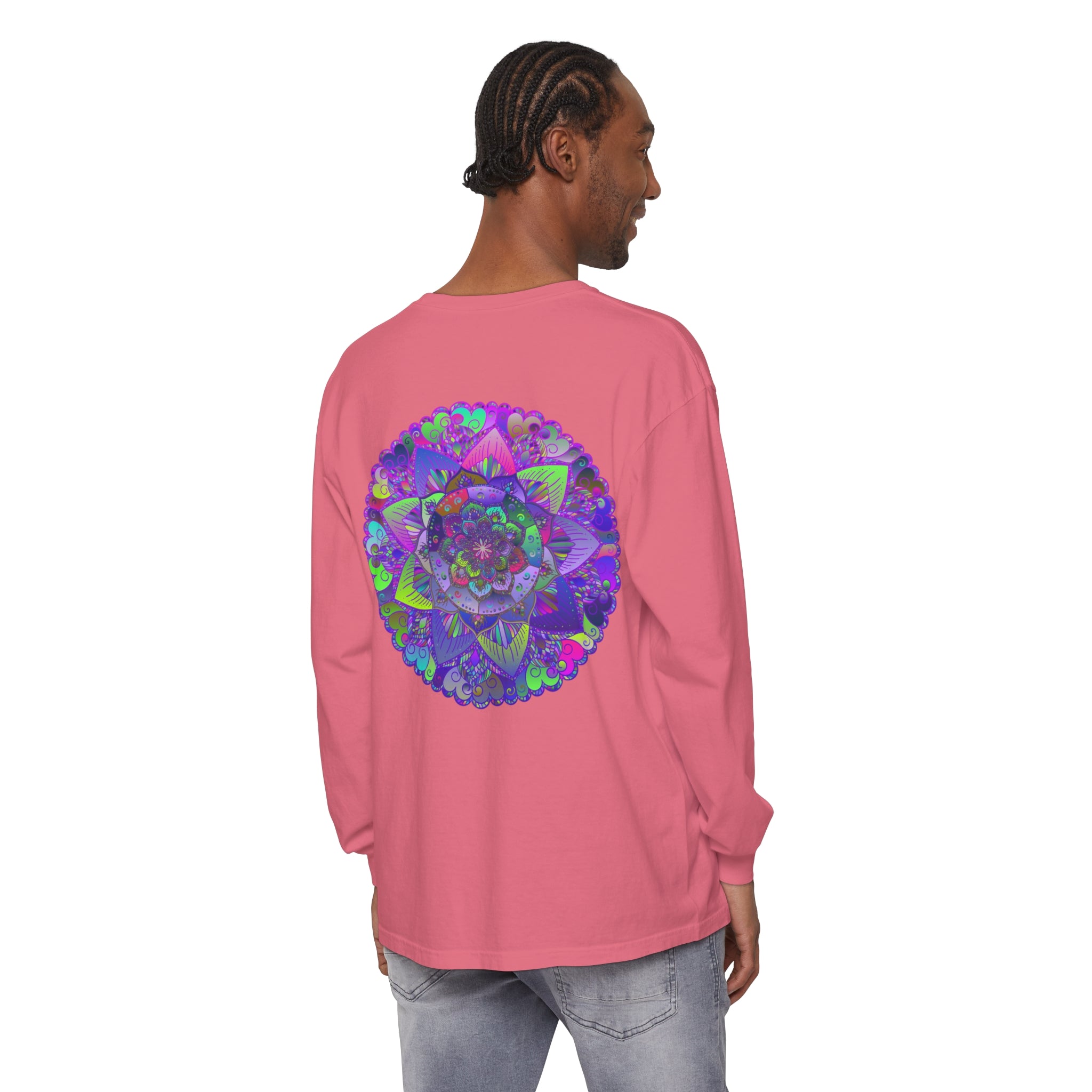 Intricate and vibrant mandala design on comfortable long sleeve tee