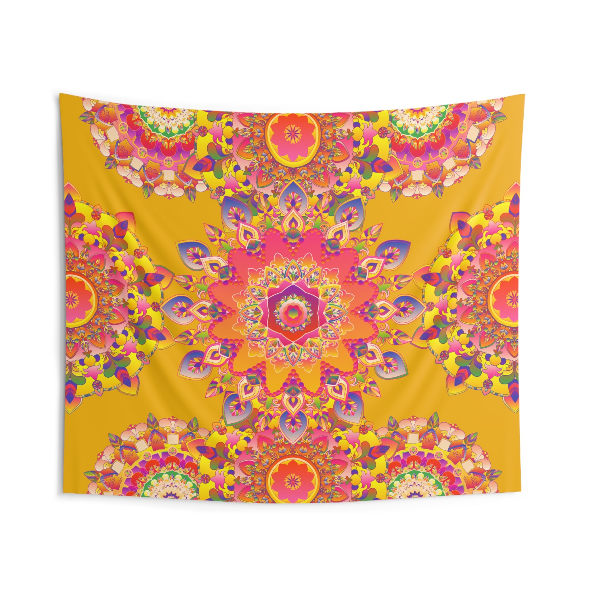 Boho Mandala Wall Tapestry – Vibrant Yellow Floral Meditation Decor