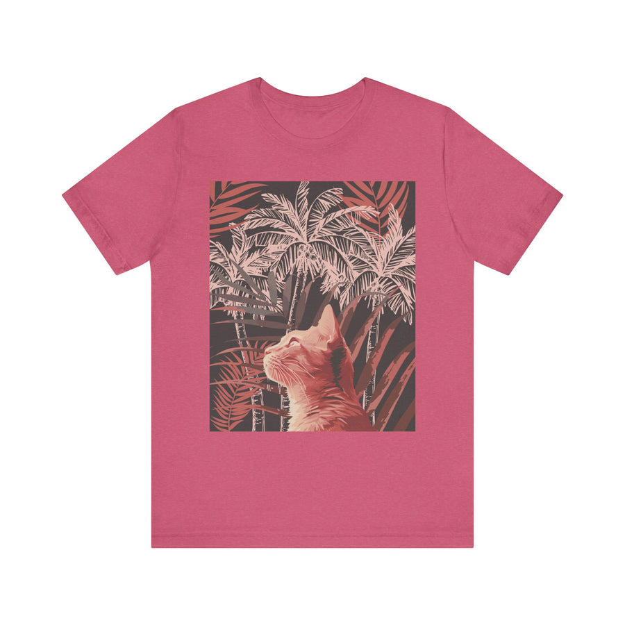 Adorable ginger cat lounging under a palm tree on a stylish tee