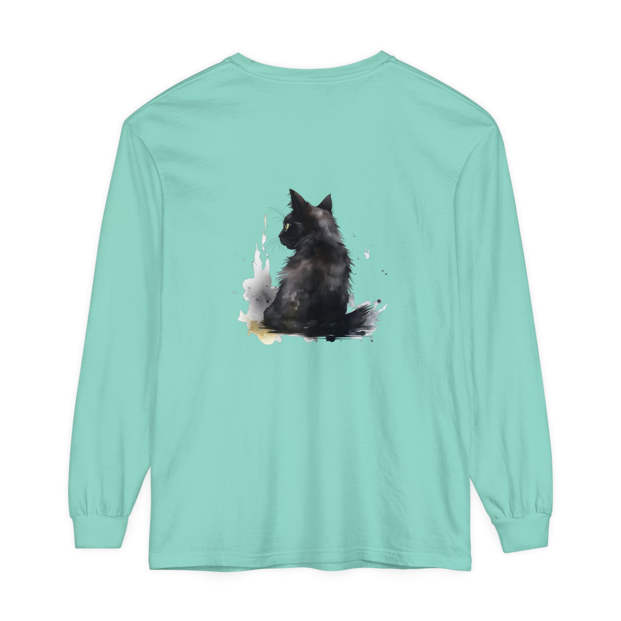 Black Cat Watercolor Dream - Long Sleeve T-Shirt featuring a stunning watercolor design of a black cat resting peacefully on a vibrant background