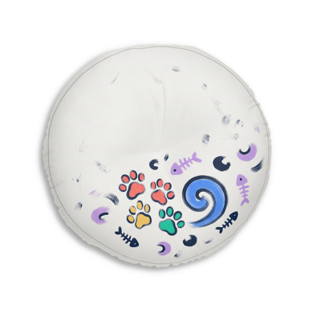 Round Tufted Floor Pillow — Cute Orange Cat Pattern, Paw & Swirl Accent