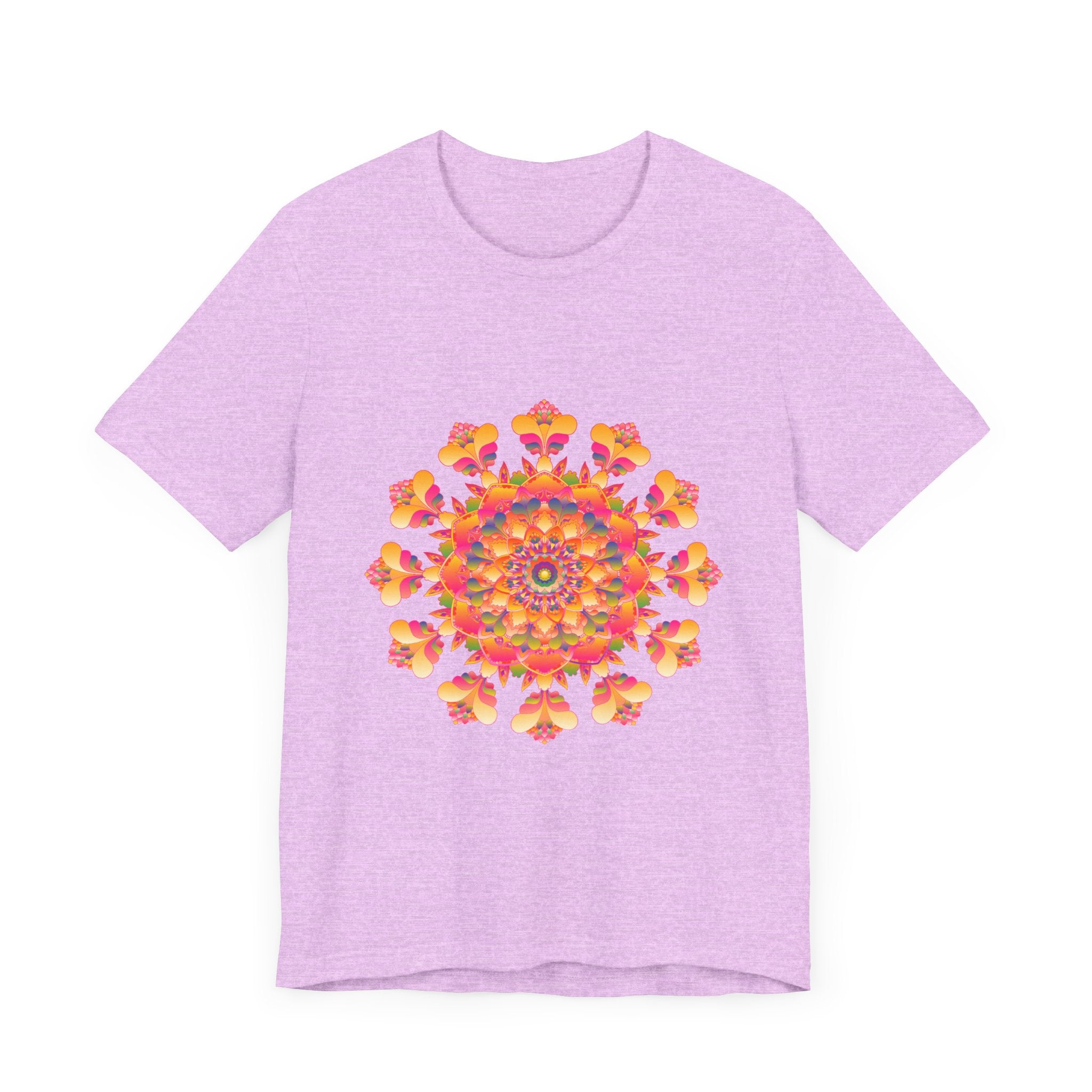 Colorful and vibrant mandala tee featuring a beautiful blend of pink, yellow, orange, and green hues