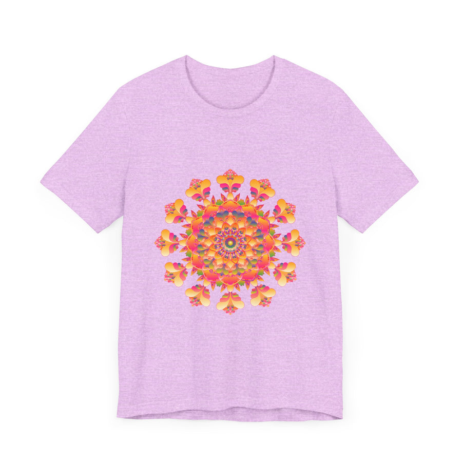Colorful and vibrant mandala tee featuring a beautiful blend of pink, yellow, orange, and green hues