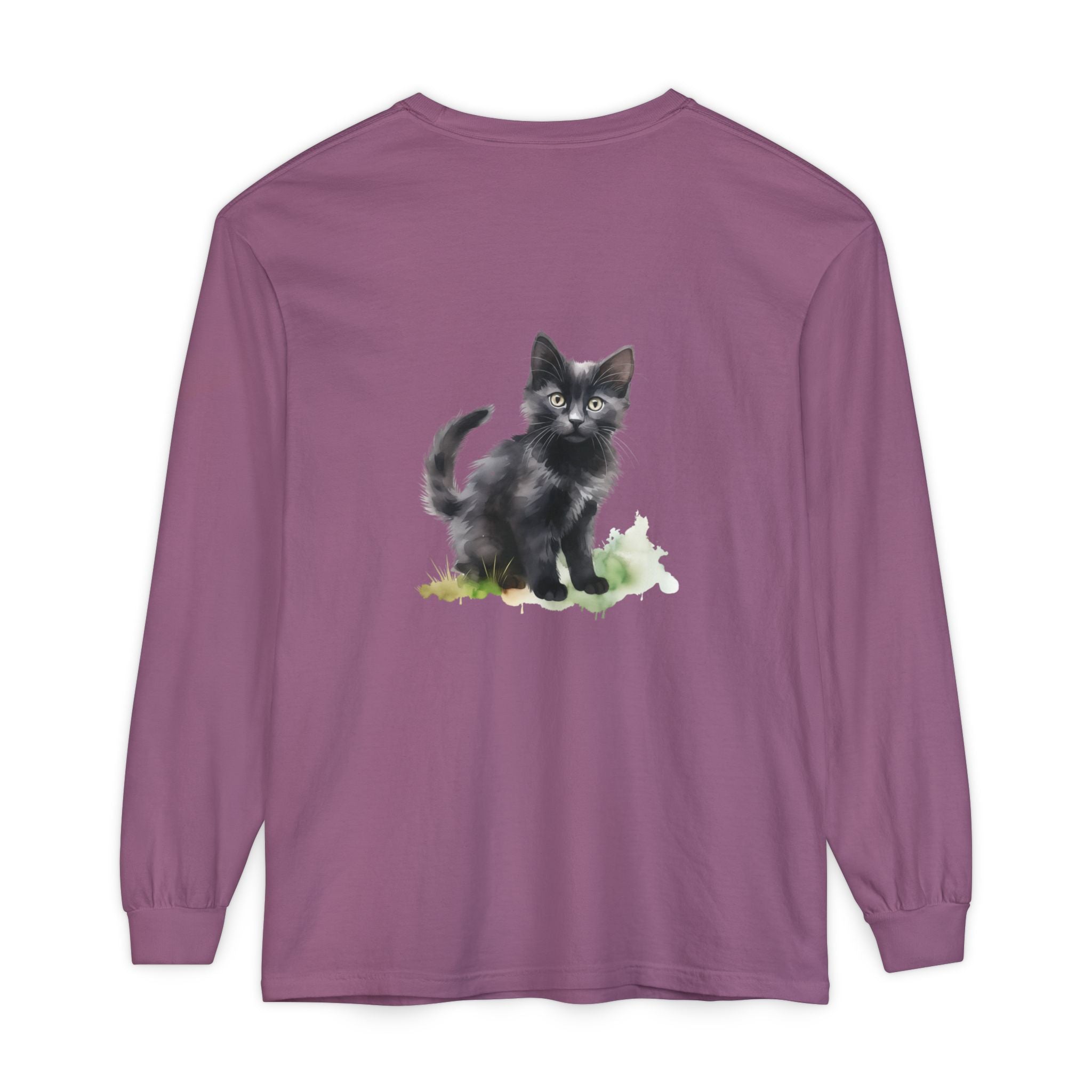 Maglietta a maniche lunghe con gatto nero e acquerello