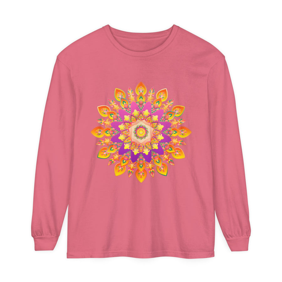 Colorful and intricate mandala design on a unisex long sleeve T-shirt