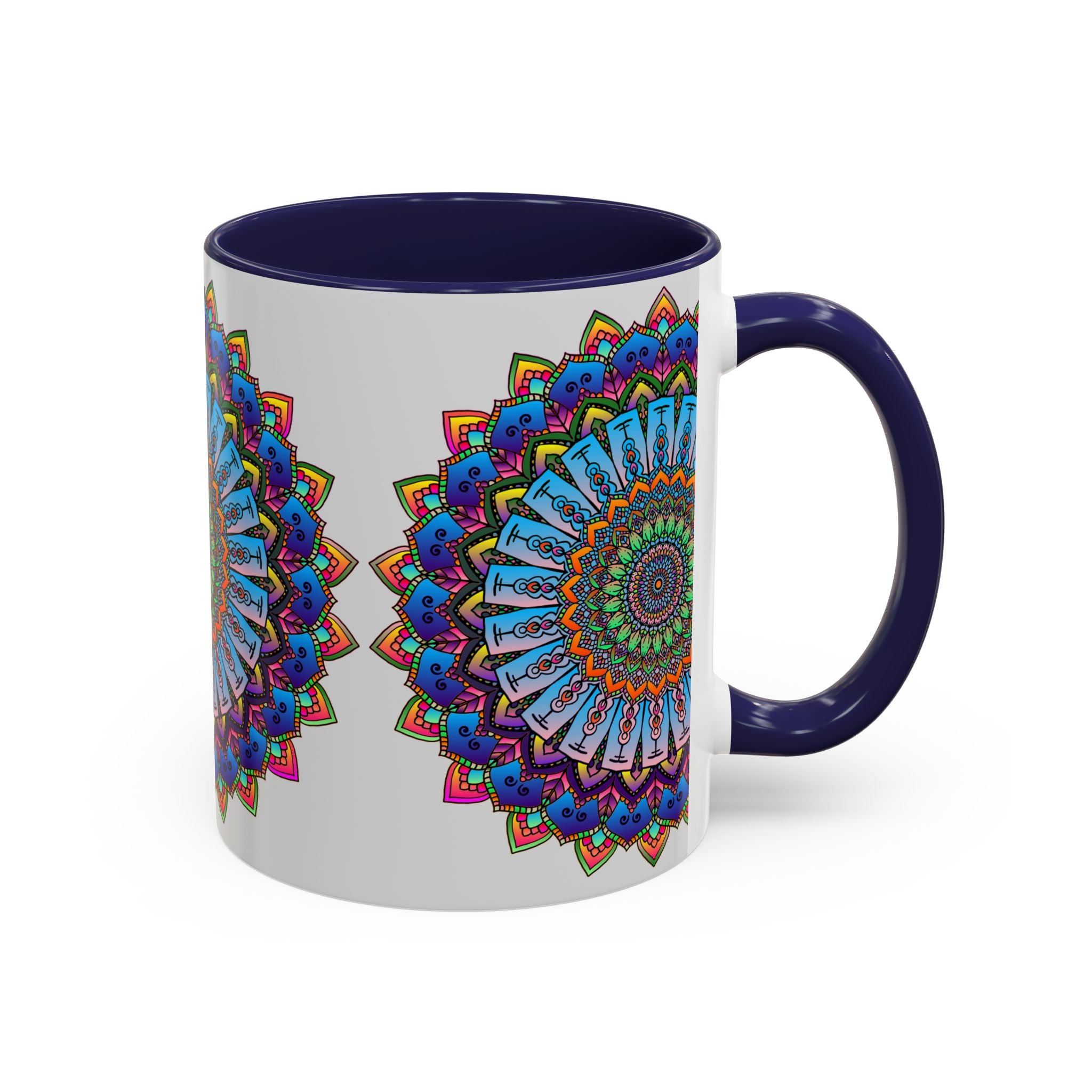 Colorful mandala artwork on a grey ceramic mug for a vibrant look