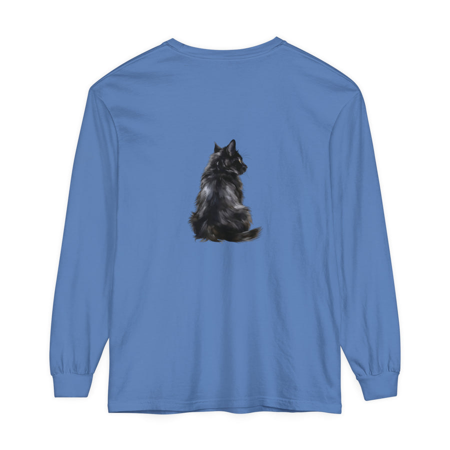 Black Cat Mystique Long Sleeve T-Shirt - a stylish, comfortable black shirt featuring a mysterious and elegant cat design