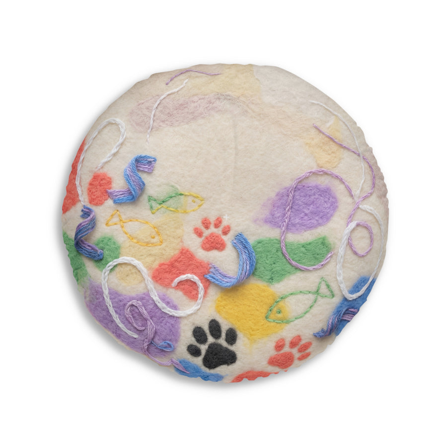 Surreal Cute Cat Round Floor Pillow — Playful Cozy Cushion