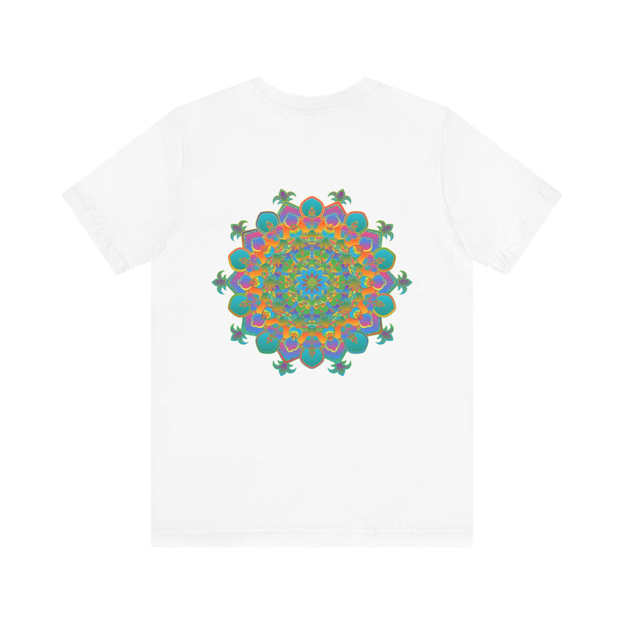 A colorful and intricate mandala design tee promoting spiritual peace and harmony