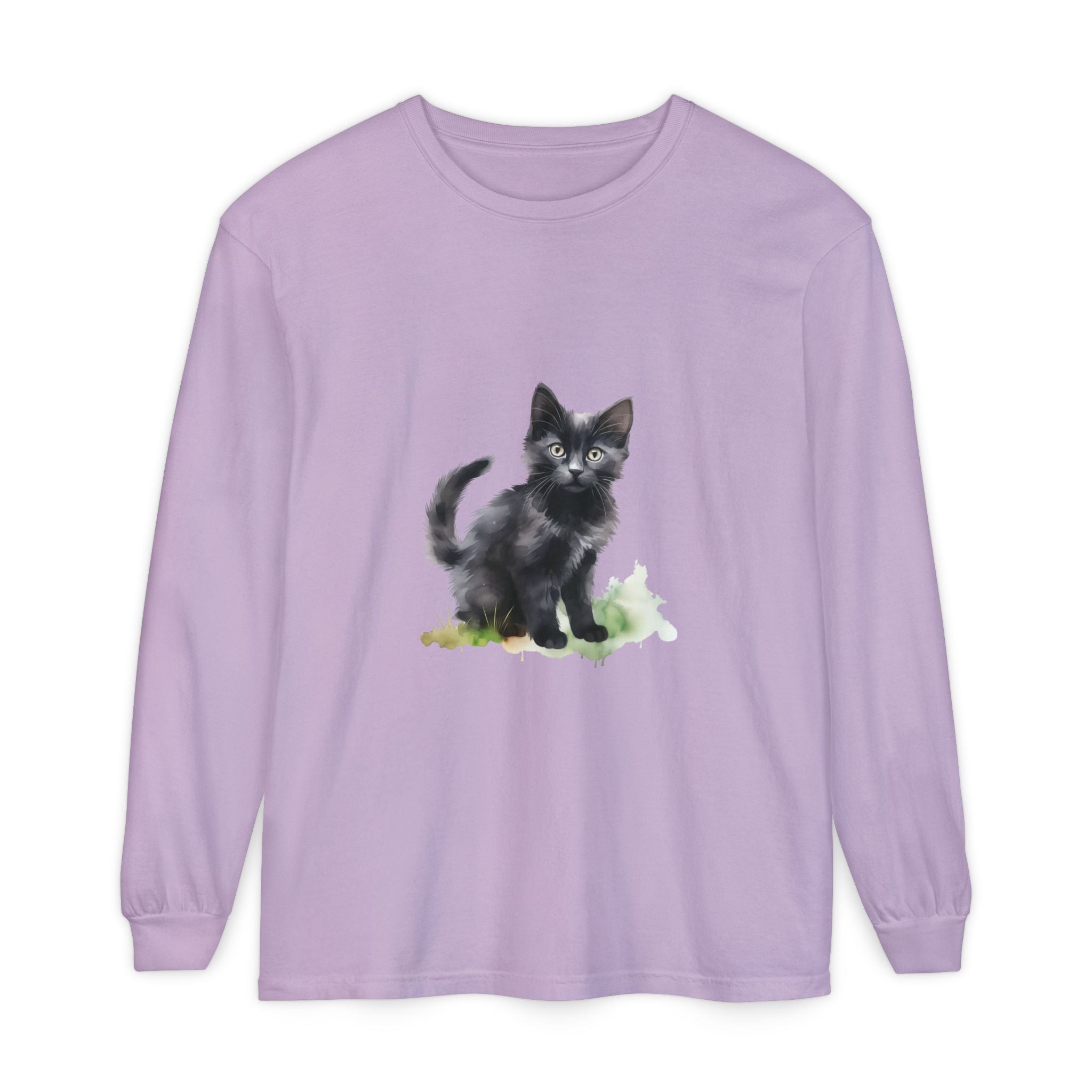Maglietta a maniche lunghe con gatto nero e acquerello