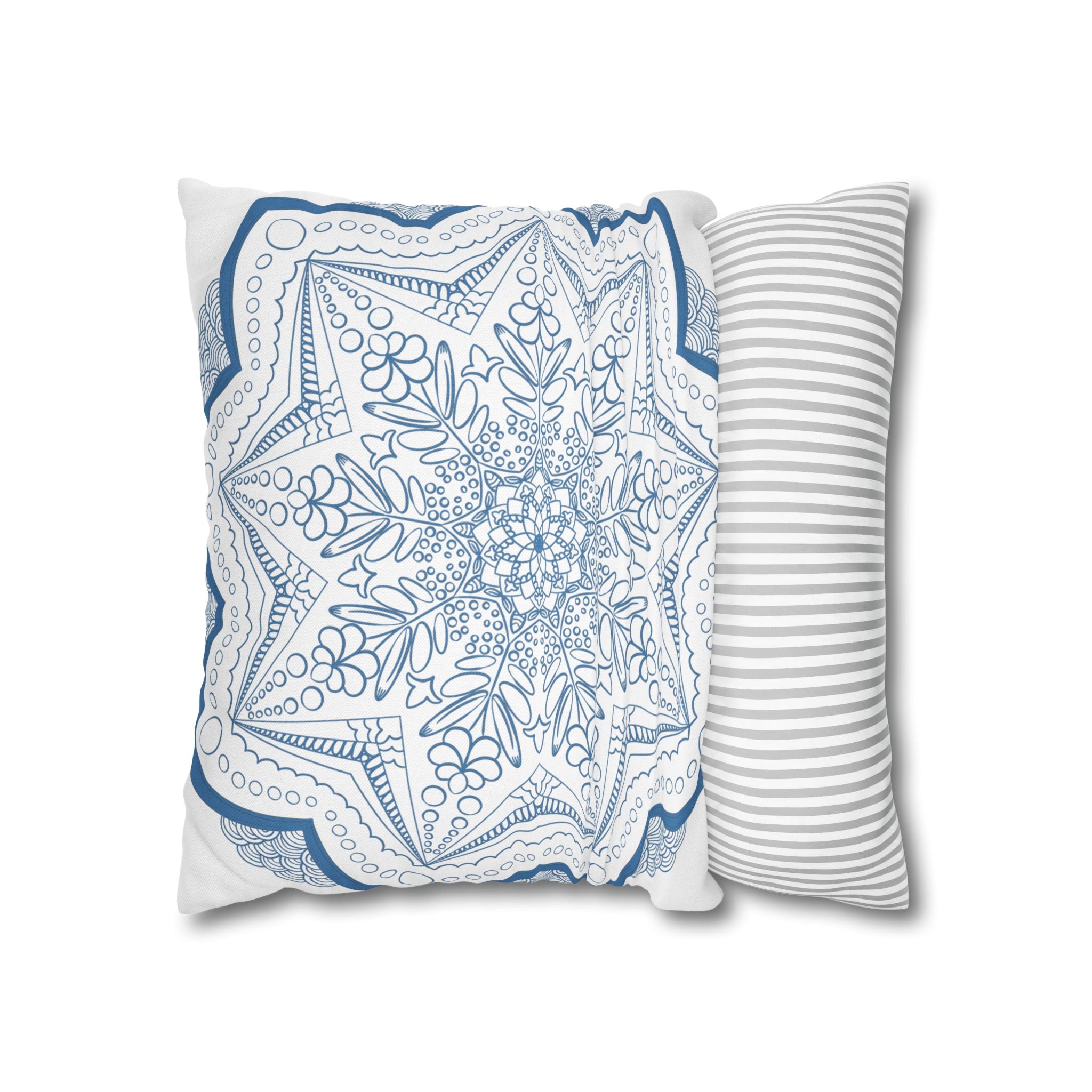 Square pillowcase featuring a hand-drawn mandala art in steel blue