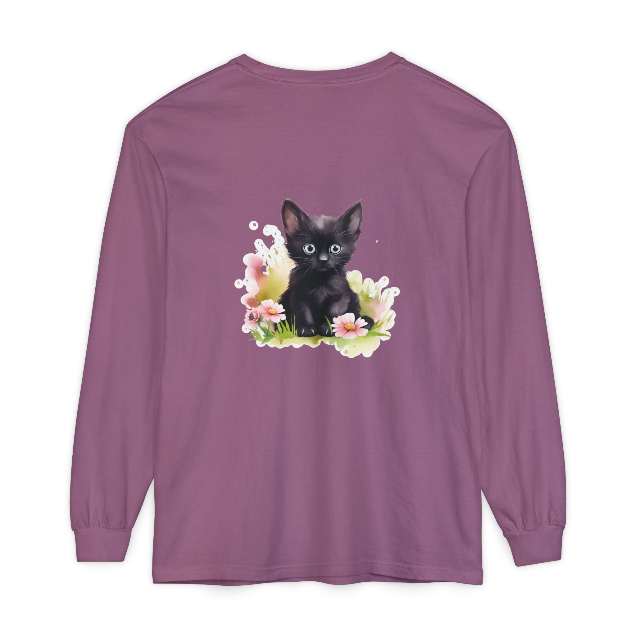 Langarmshirt | Schwarzes Kätzchen & rosa Blumen