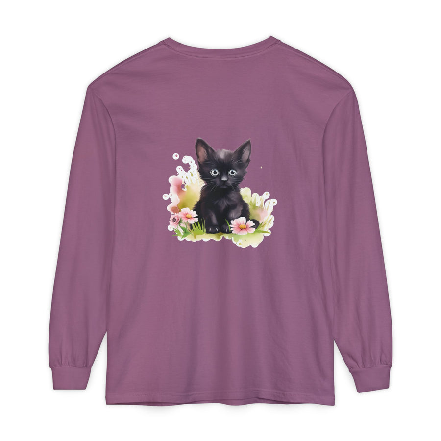 Full Sleeve Tee | Black Kitten & Pink Flowers