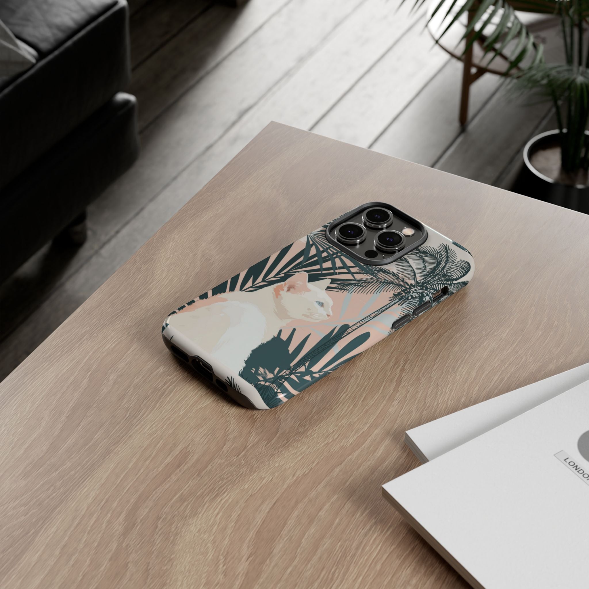 Tropical Cat Phone Case with Lush Palm Motifs and Soft Pastels