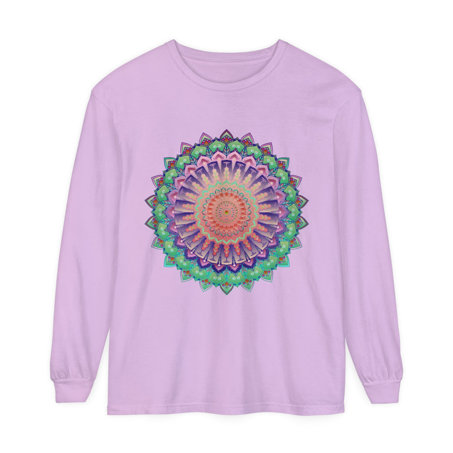 Colorful and intricate mandala design on a unisex long sleeve T-shirt