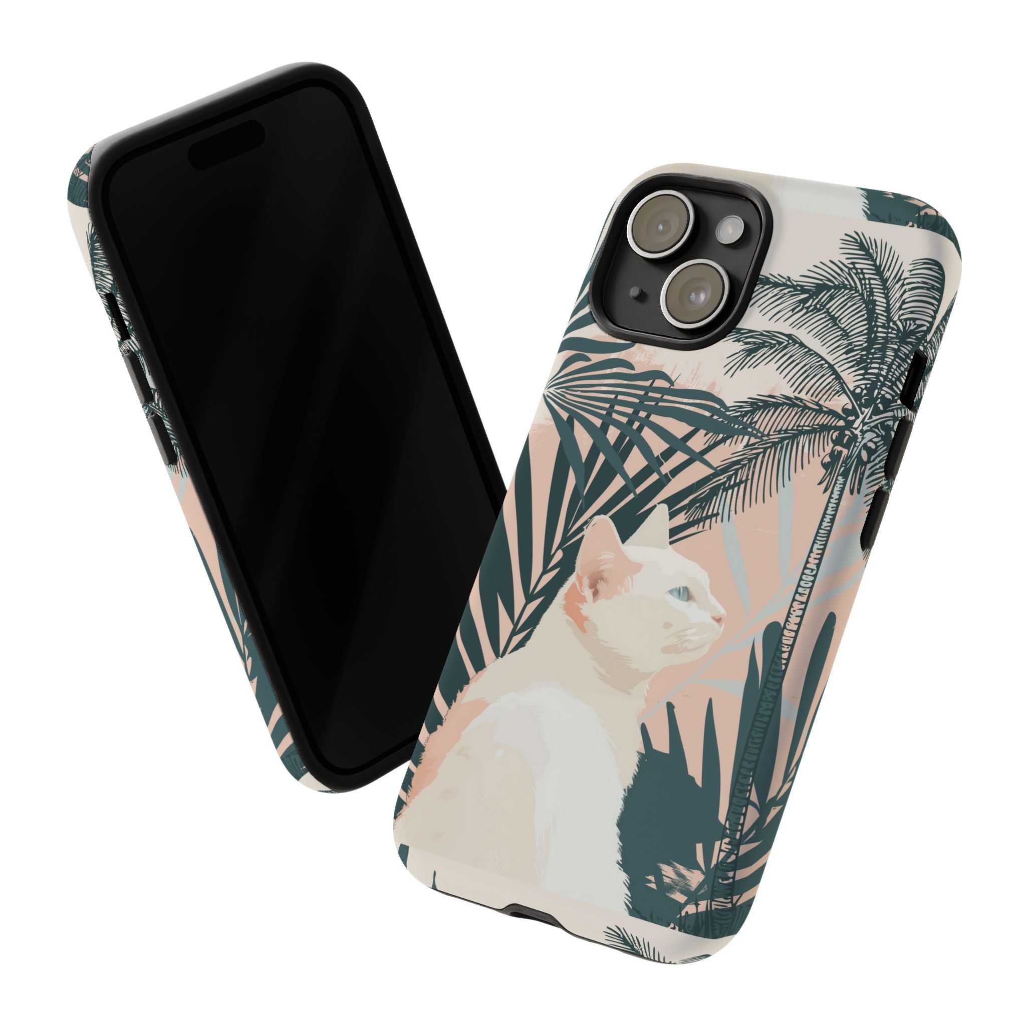 Tropical Cat Phone Case with Lush Palm Motifs and Soft Pastels