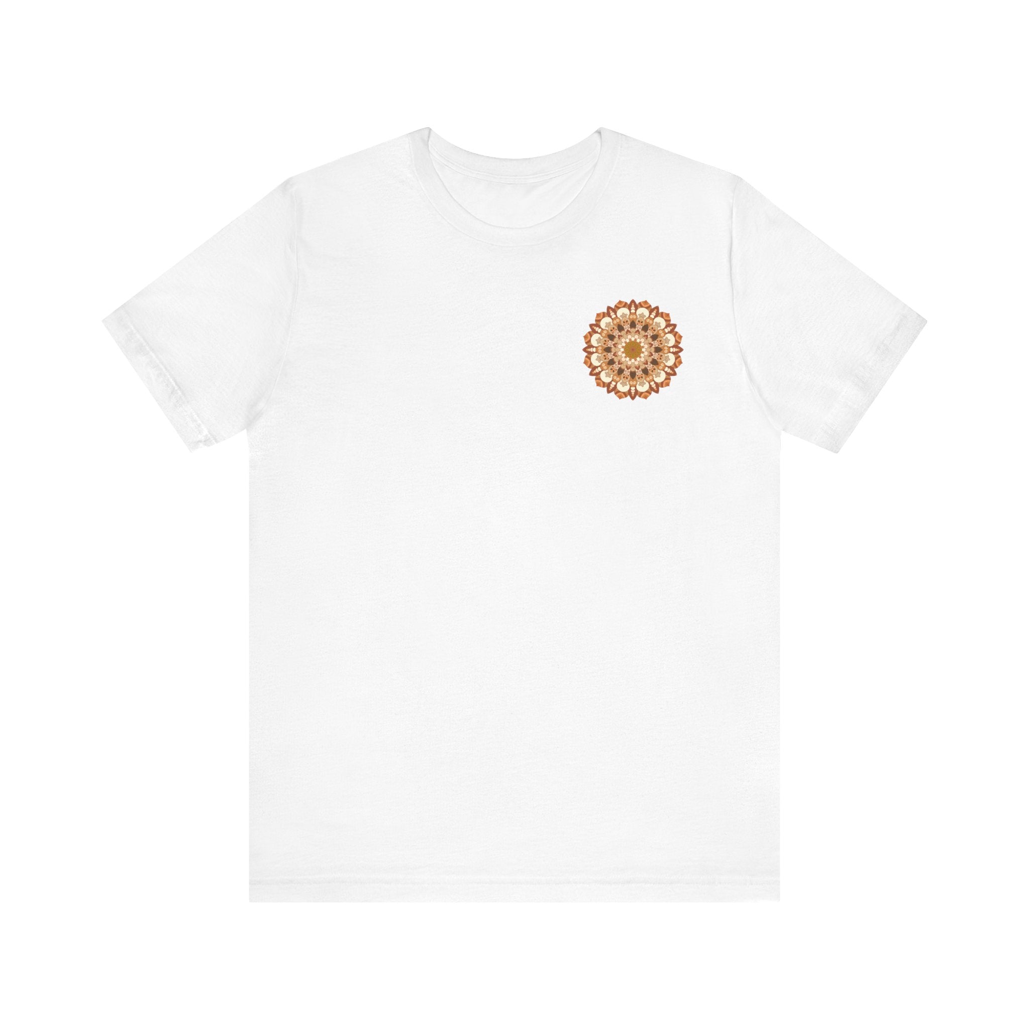 Woman wearing mandala tee with peaceful expression and relaxed posture
