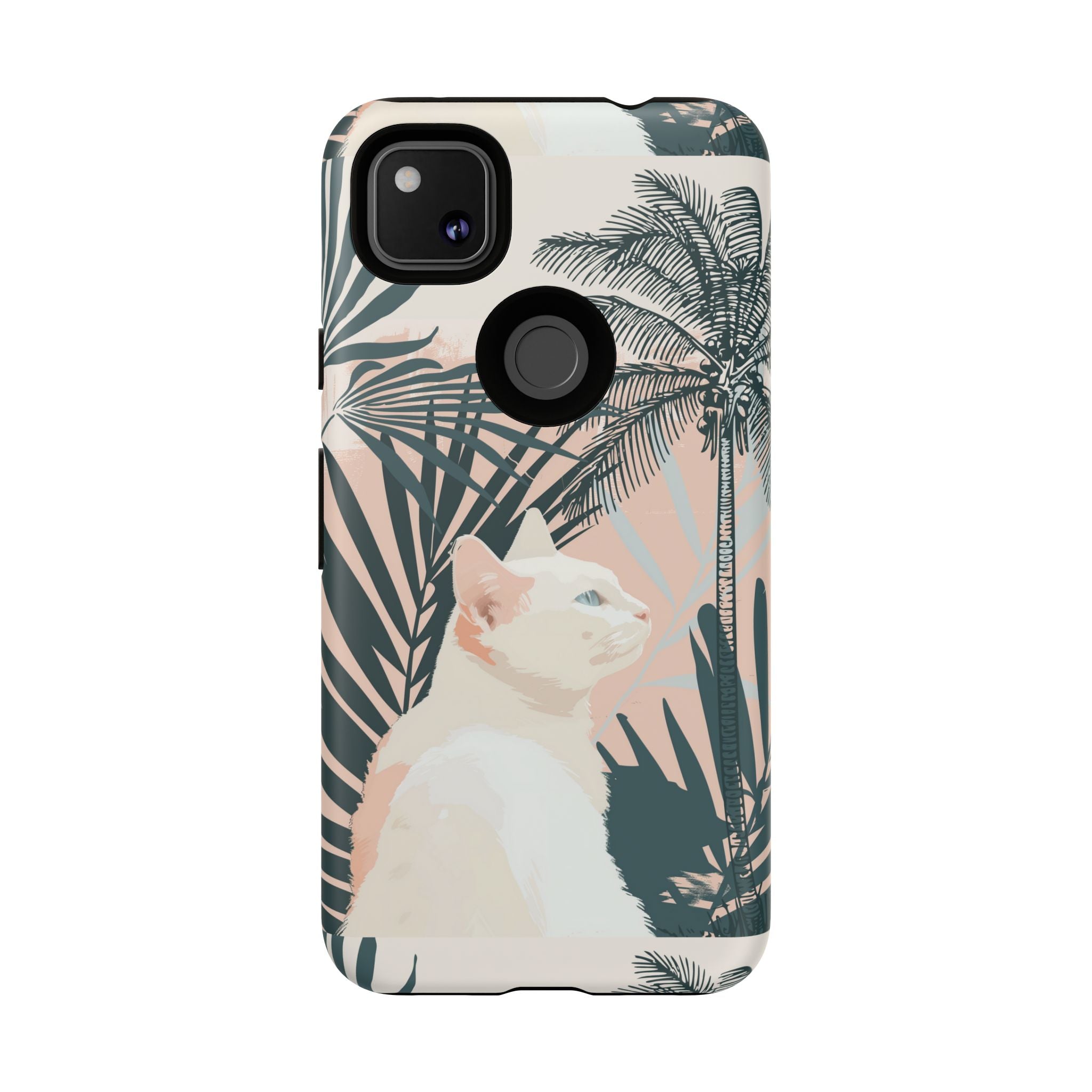 Tropical Cat Phone Case with Lush Palm Motifs and Soft Pastels