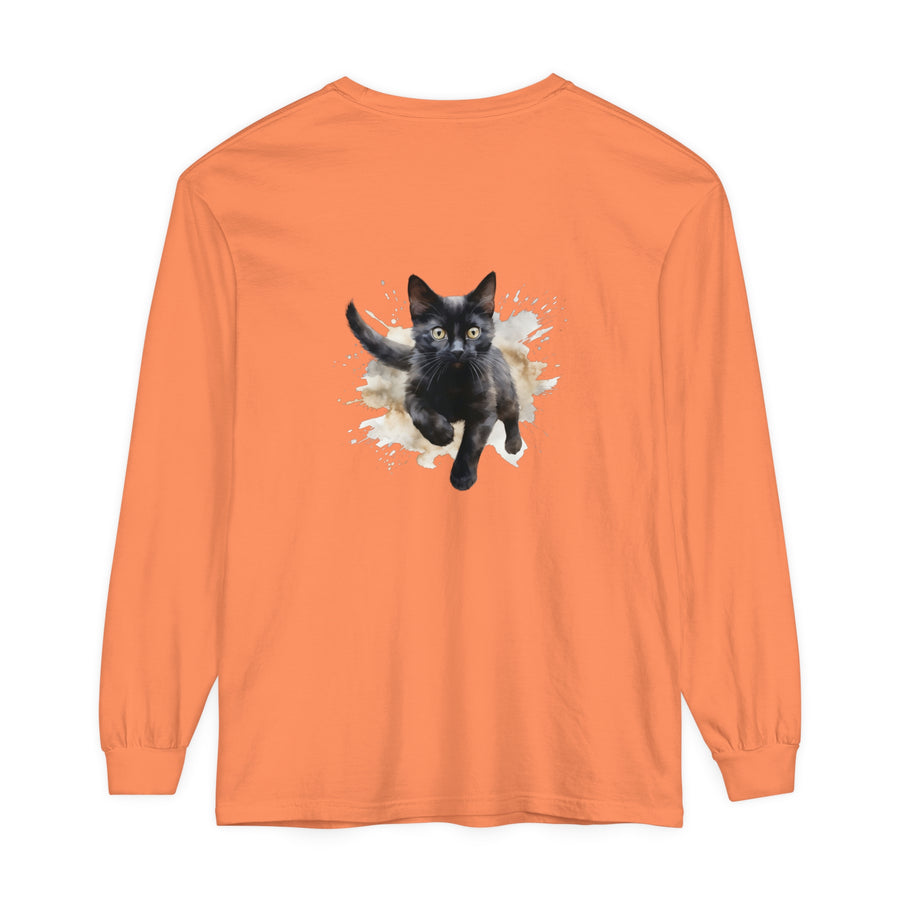 A watercolor splash t-shirt featuring a black cat design