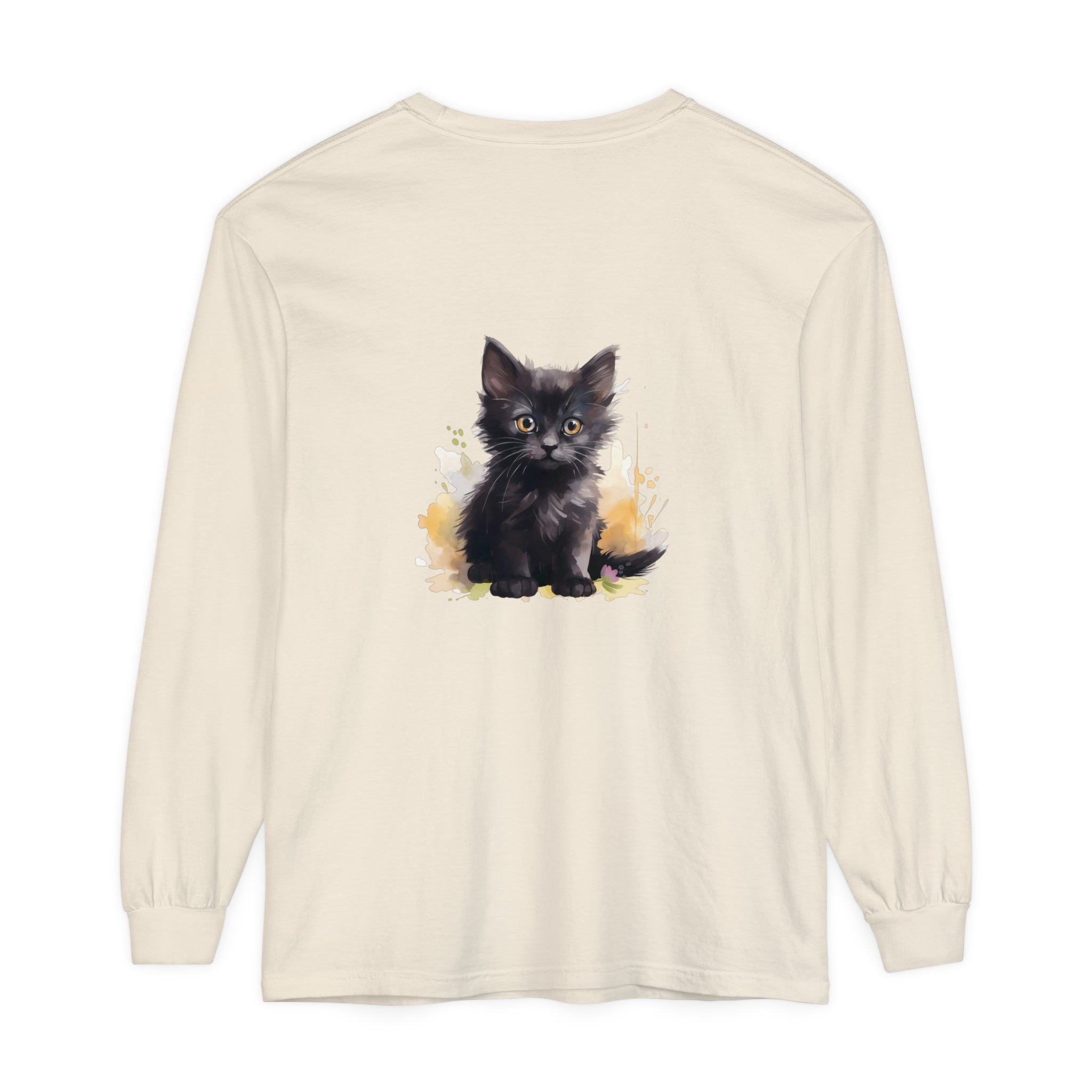 Black Kitten Watercolor Splash T-Shirt with vibrant watercolor design and cute kitten graphic