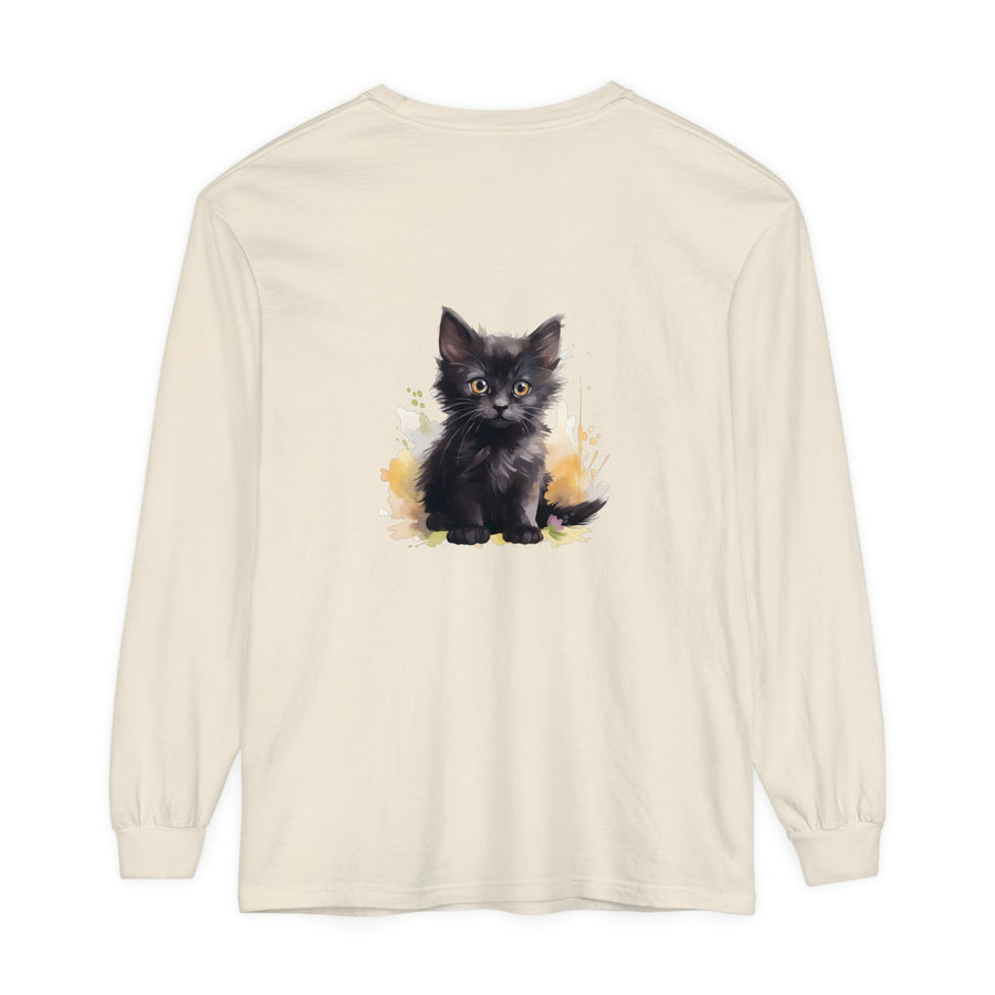 Black Kitten Watercolor Splash T-Shirt with vibrant watercolor design and cute kitten graphic