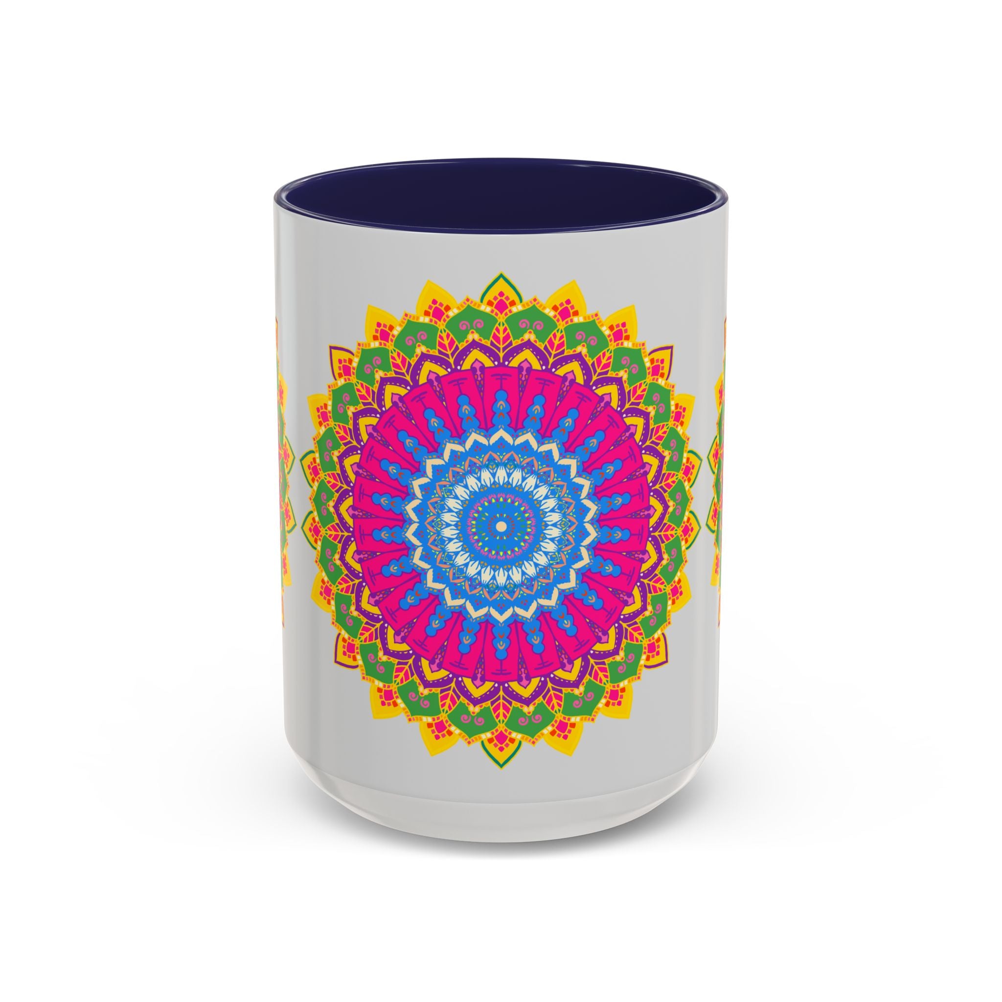 Eye-catching coffee cup with intricate mandala art in a rainbow of colors