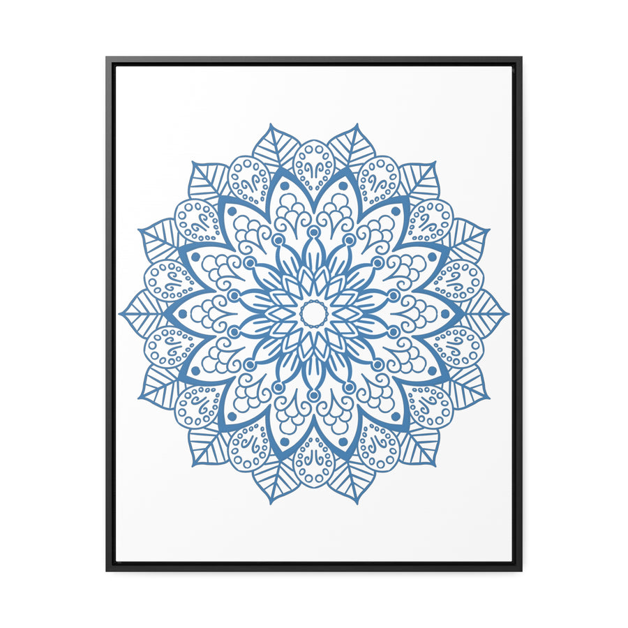A beautiful steel blue mandala handmade art design on gallery canvas wraps, vertical frame