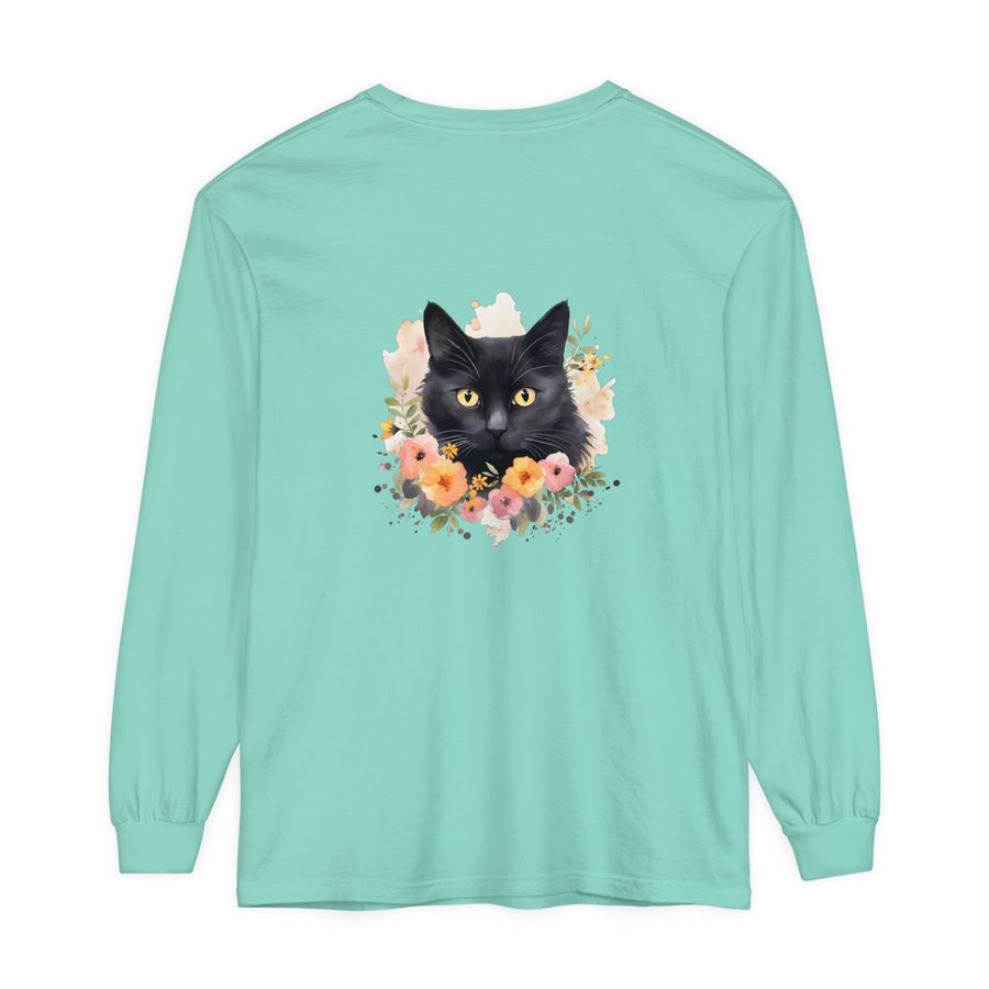 Black Cat Floral Portrait Unisex T-Shirt featuring a beautiful, detailed graphic of a black cat surrounded by vibrant, colorful flowers on a high-quality, comfortable shirt