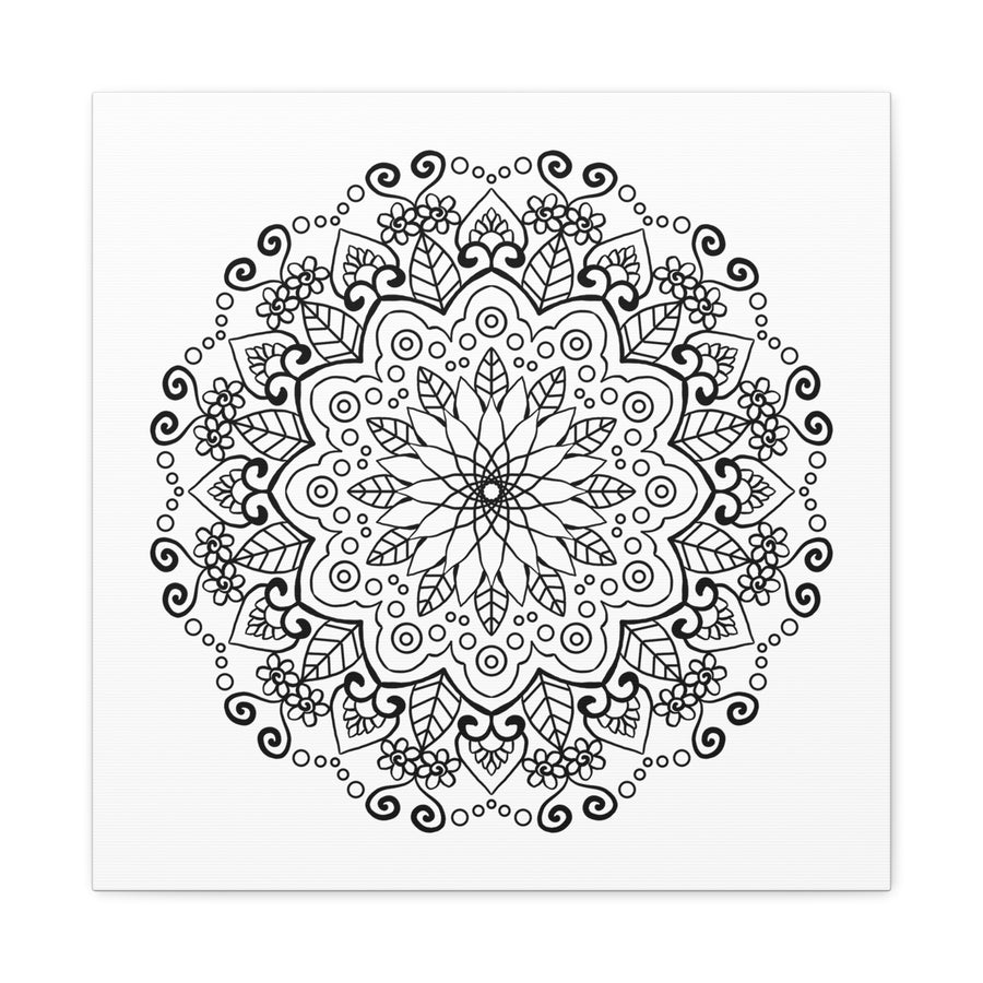 Handmade black and white mandala art on matte canvas, stretched, 125 inches