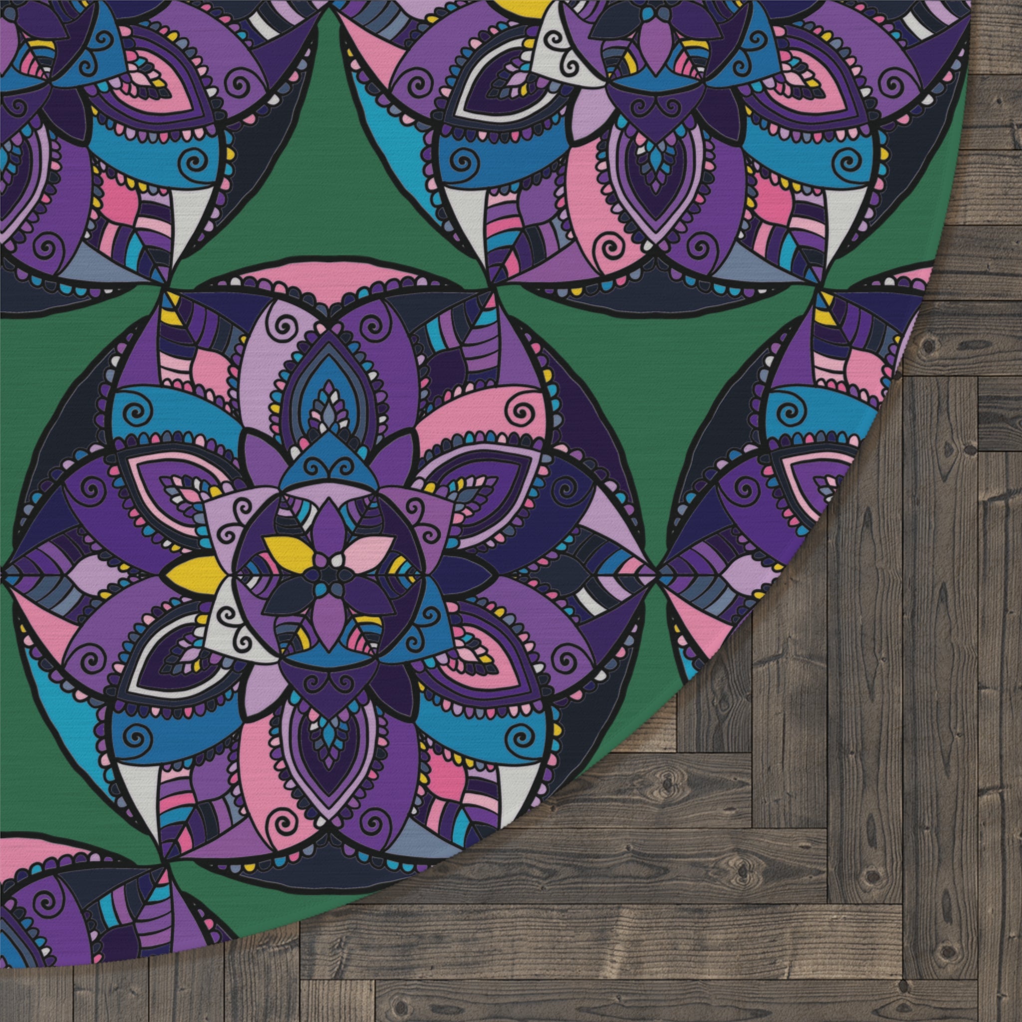 Boho Mandala Round Rug — Purple Teal Floral Decorative Floor Mat