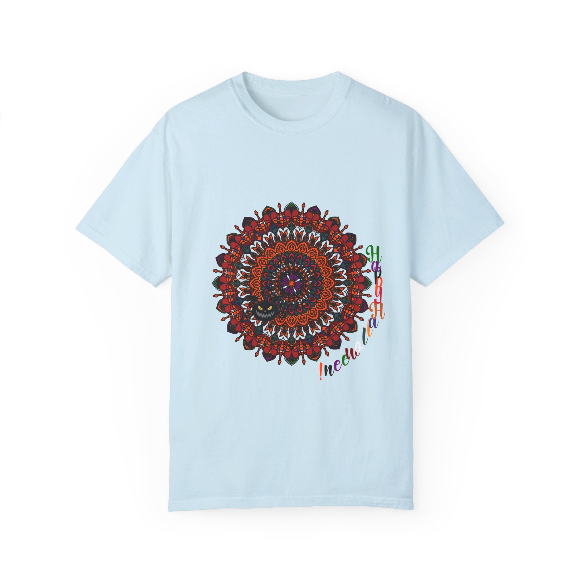 Close-up of the intricate pumpkin mandala art on the unisex t-shirt