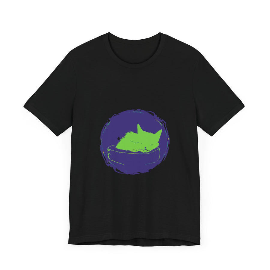 Sleepy Cat Mystery T-Shirt featuring a stunning black cat design on a black background, perfect for cat lovers and mystery enthusiasts