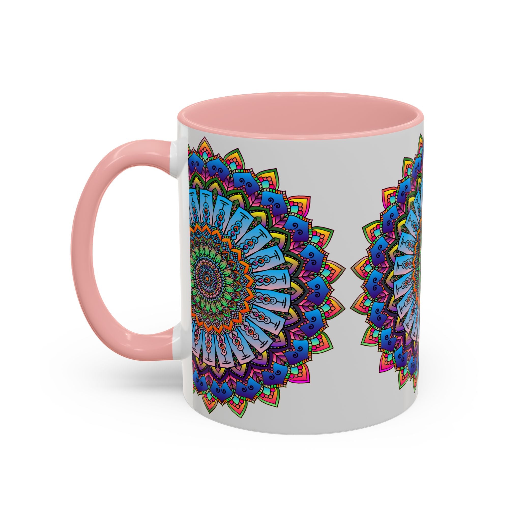 Stunning mandala art in vibrant colors on a grey ceramic mug
