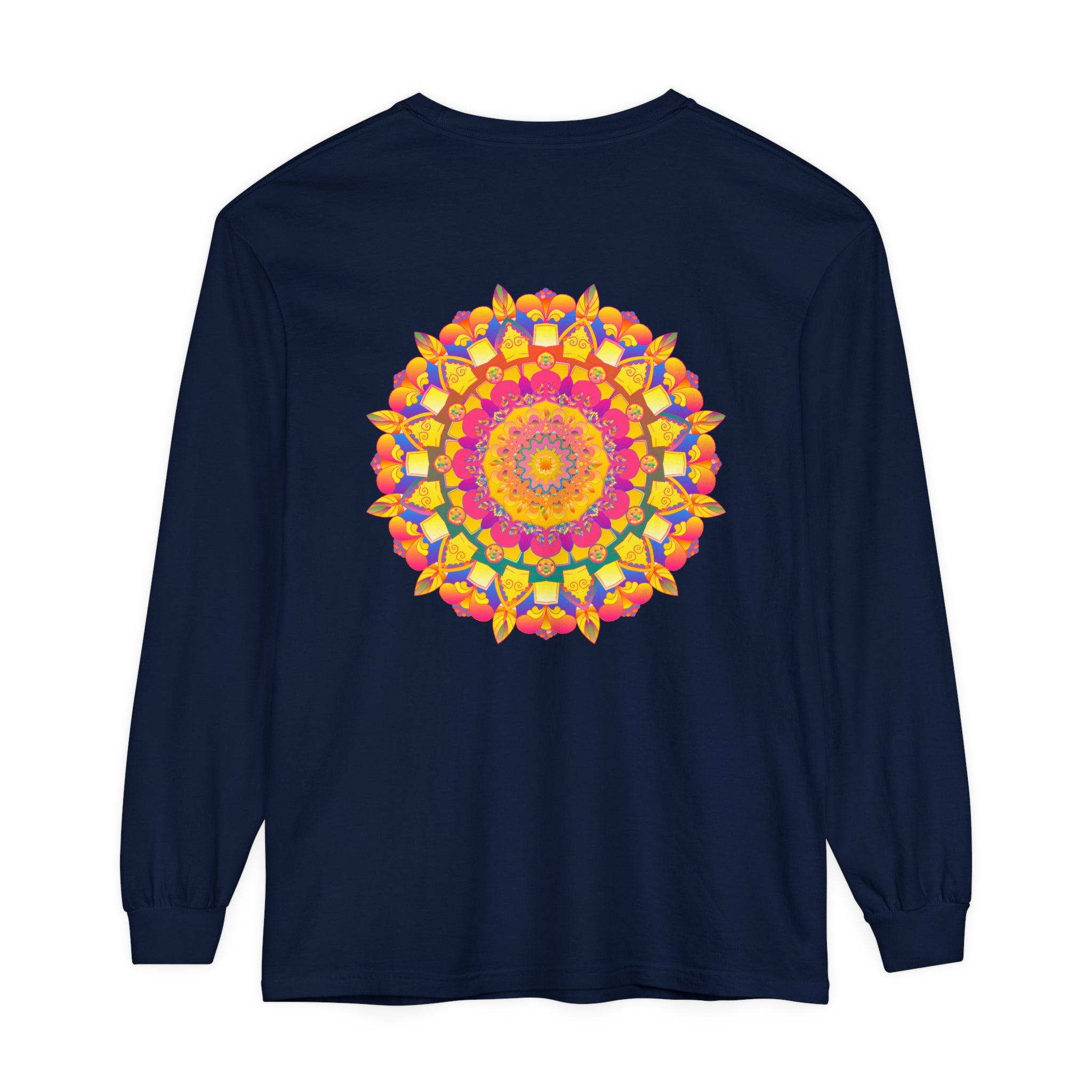 Colorful long sleeve t-shirt featuring a psychedelic mandala design in vibrant hues