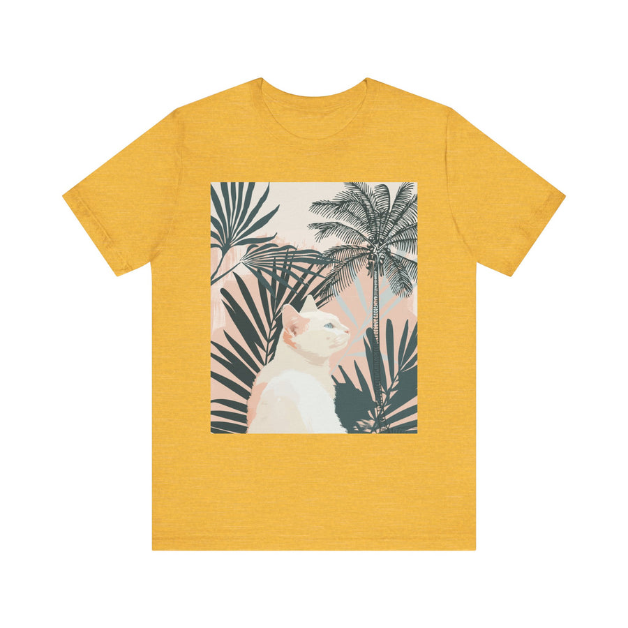 Tropical Cat Tee - White Kitty & Palm Leaves alt texts:
Cute white cat wearing sunglasses with palm leaves in background