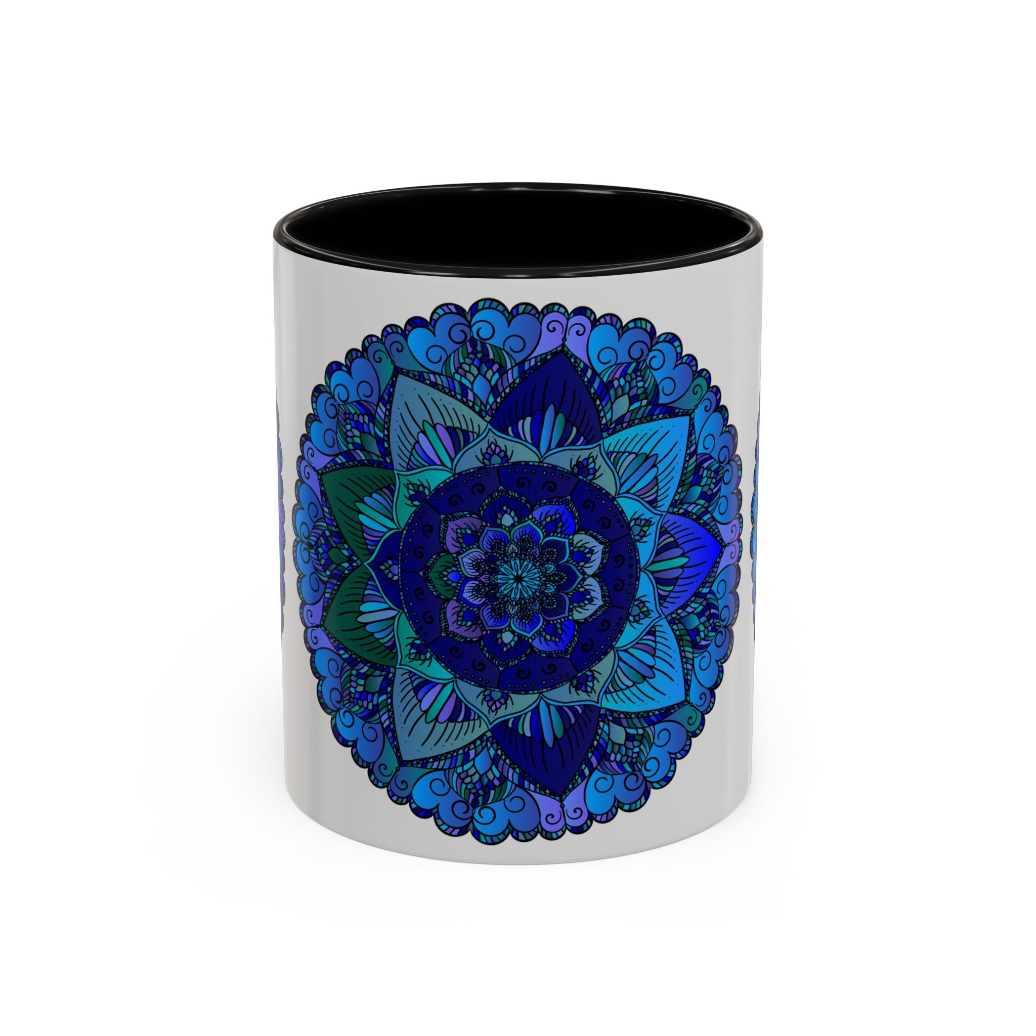 Large ceramic mug with intricate blue and purple mandala pattern