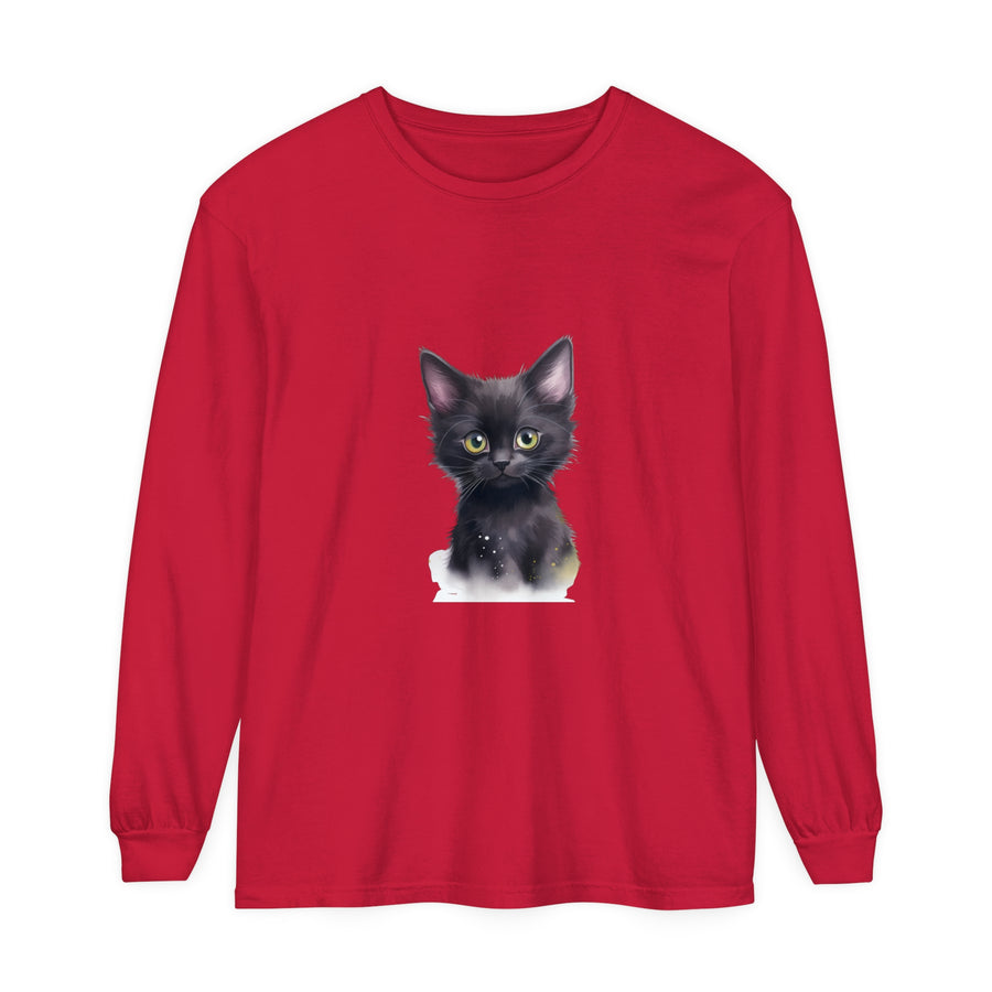 A close-up image of a cute black kitten with bright green eyes printed on a t-shirt