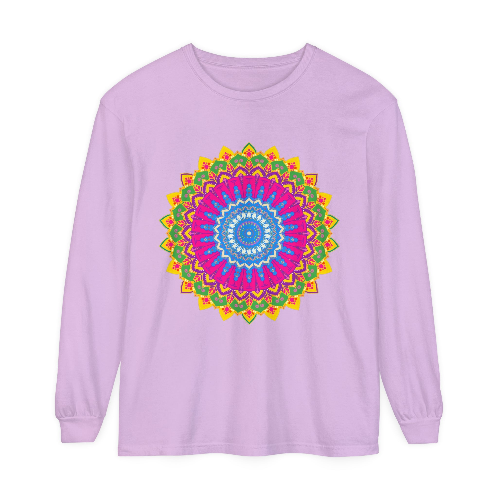 Colorful and intricate mandala design on a unisex long sleeve t-shirt