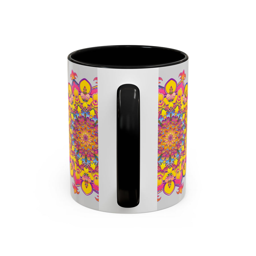 Colorful ceramic mug featuring a vibrant mandala design, perfect for peaceful meditation and relaxation sessions